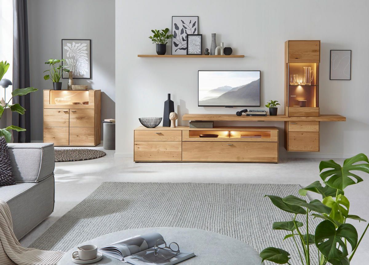 WOHNWAND  in Wildeiche  304/179/55 cm  - Wildeiche, Natur, Glas/Holz (304/179/55cm) - Valnatura