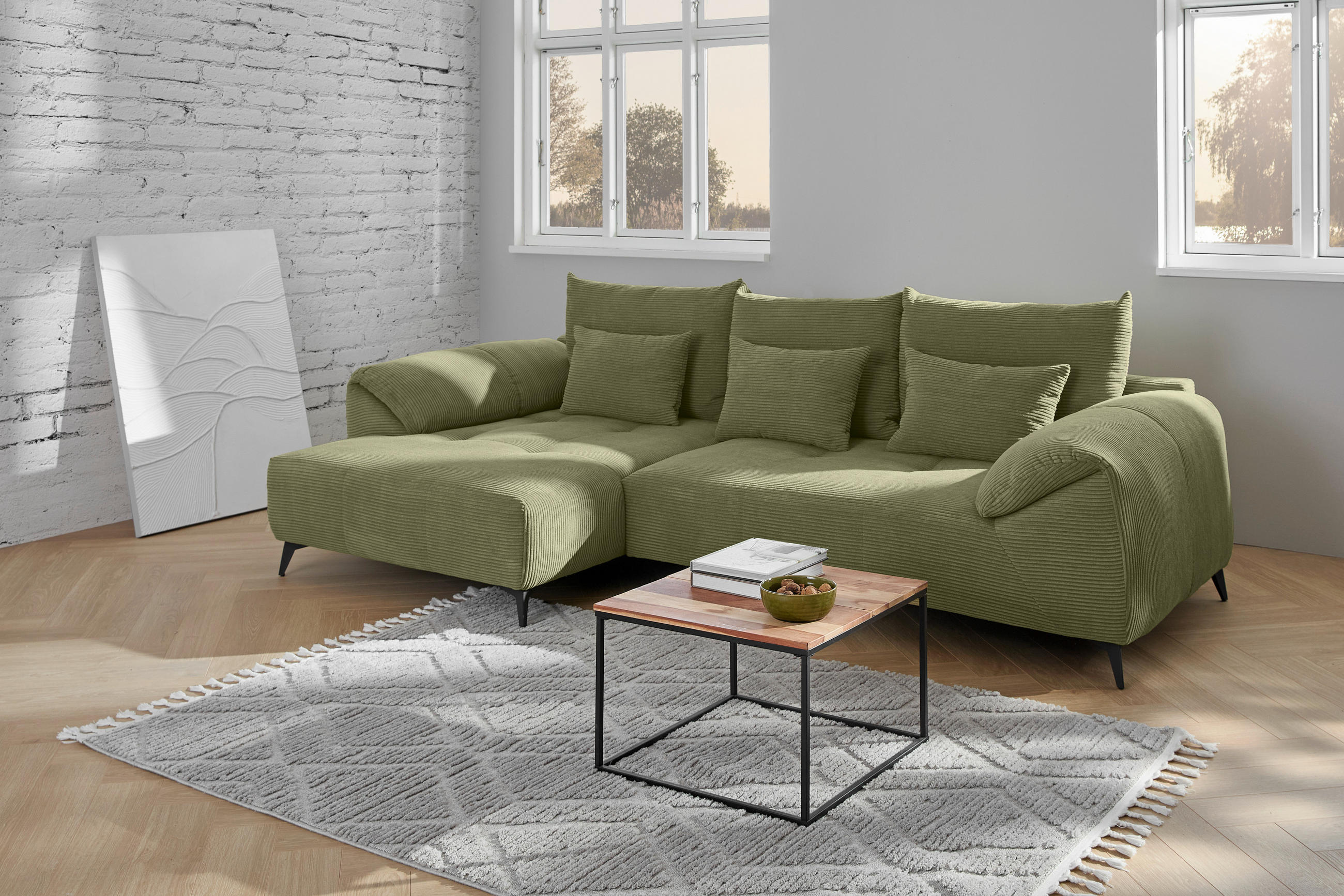 ECKSOFA in Cord Dunkelgrün  - Dunkelgrün/Schwarz, Konventionell, Textil/Metall (176/311cm) - Carryhome