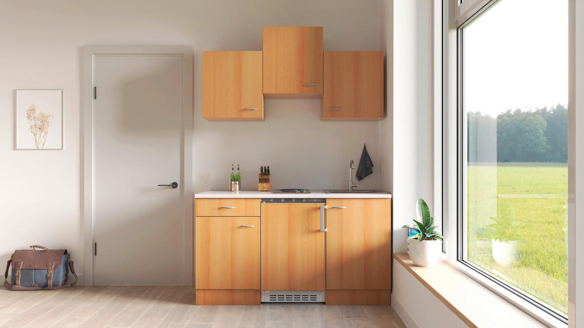 MINIKÜCHE 150 cm   in Buchefarben  - Edelstahlfarben/Beige, MODERN, Holzwerkstoff/Kunststoff (150cm) - FlexWell