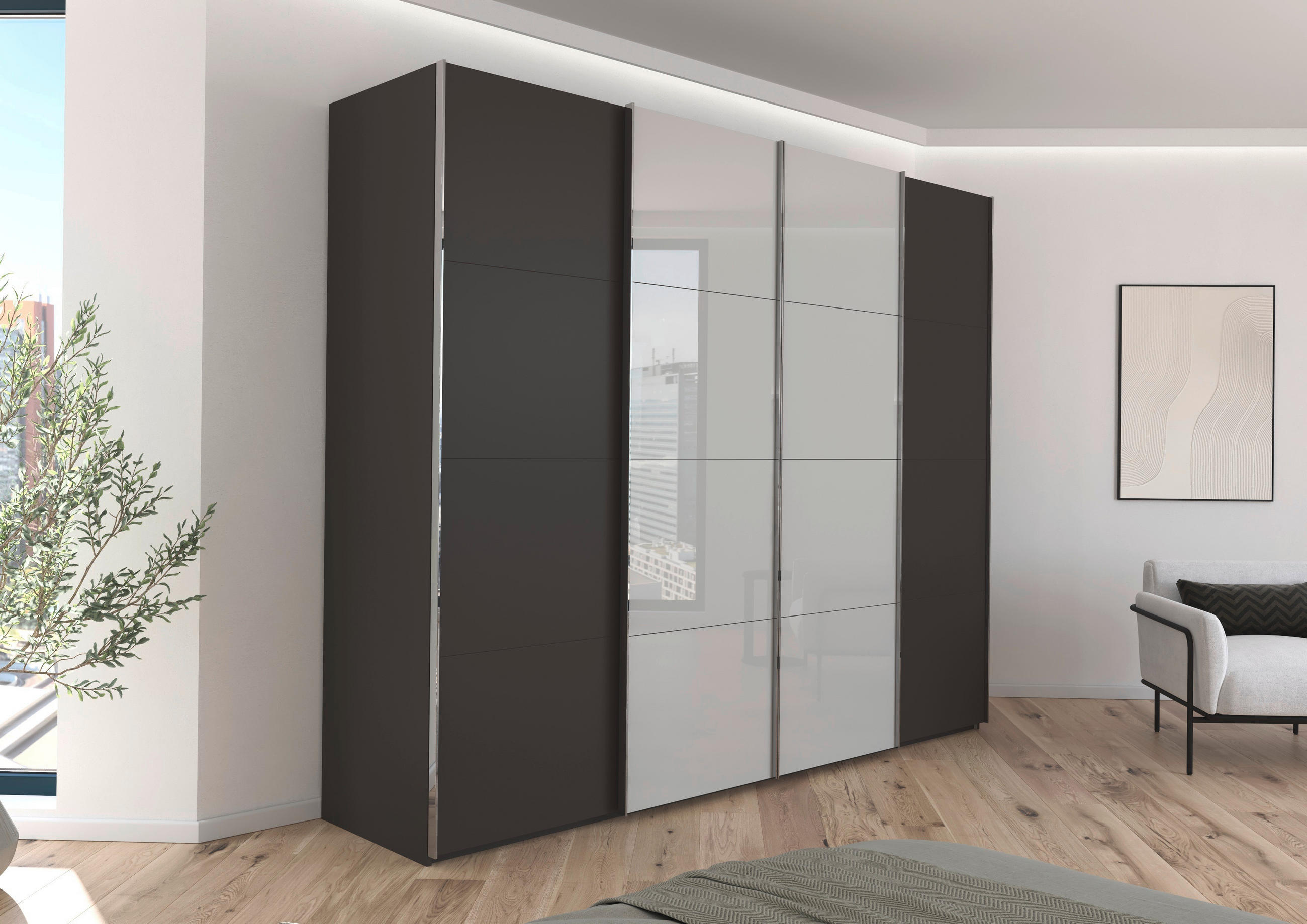 SCHWEBETÜRENSCHRANK 271/223/68 cm 4-türig Graphitfarben, Grau  - Chromfarben/Graphitfarben, KONVENTIONELL, Glas/Holzwerkstoff (271/223/68cm) - Novel