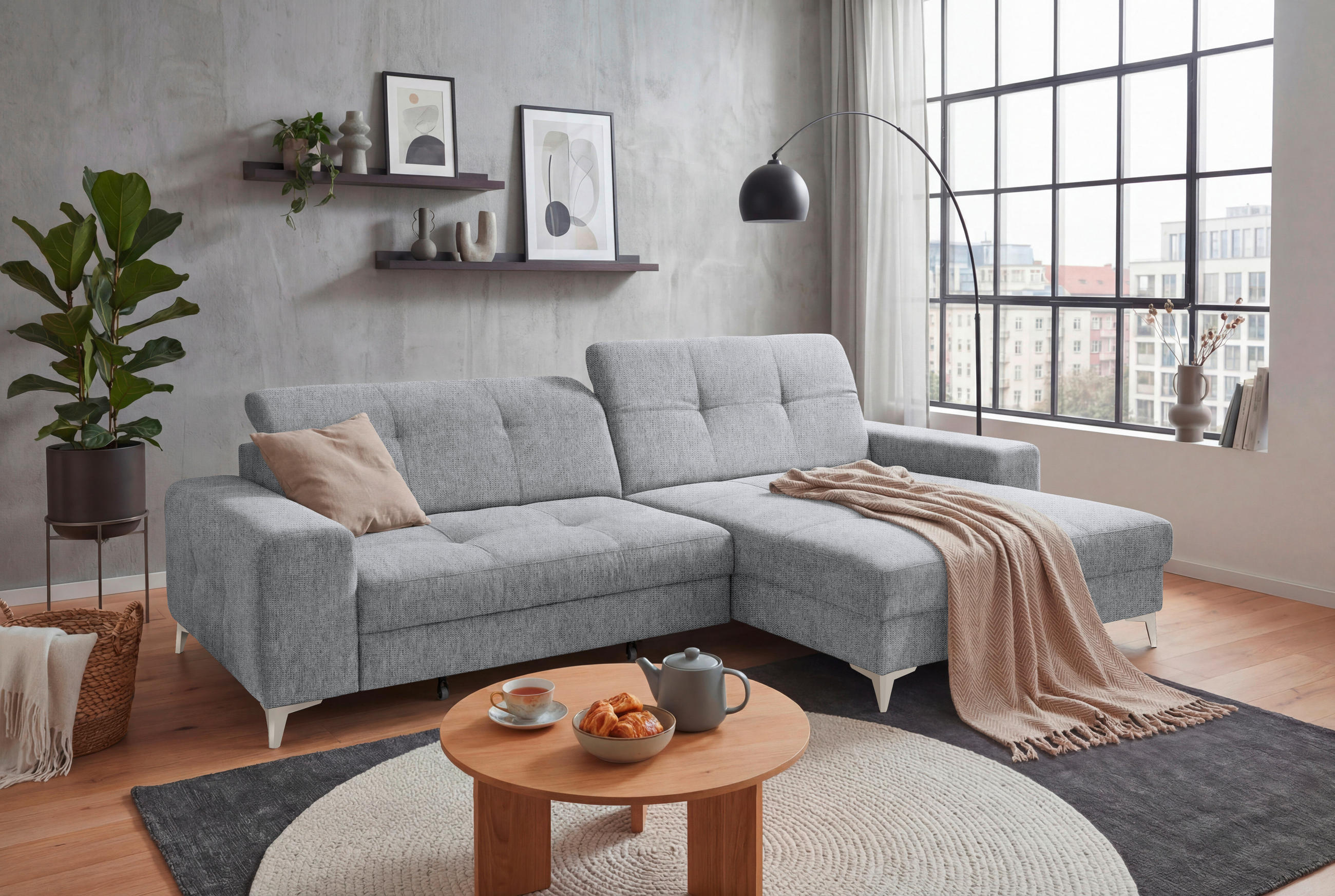 ECKSOFA SORELLA Hellgrau Mikrovelours Kopfteilverstellung, Sitztiefenverstellung  - Kaschmir/Hellgrau, Design, Kunststoff/Textil (328/182cm) - MID.YOU