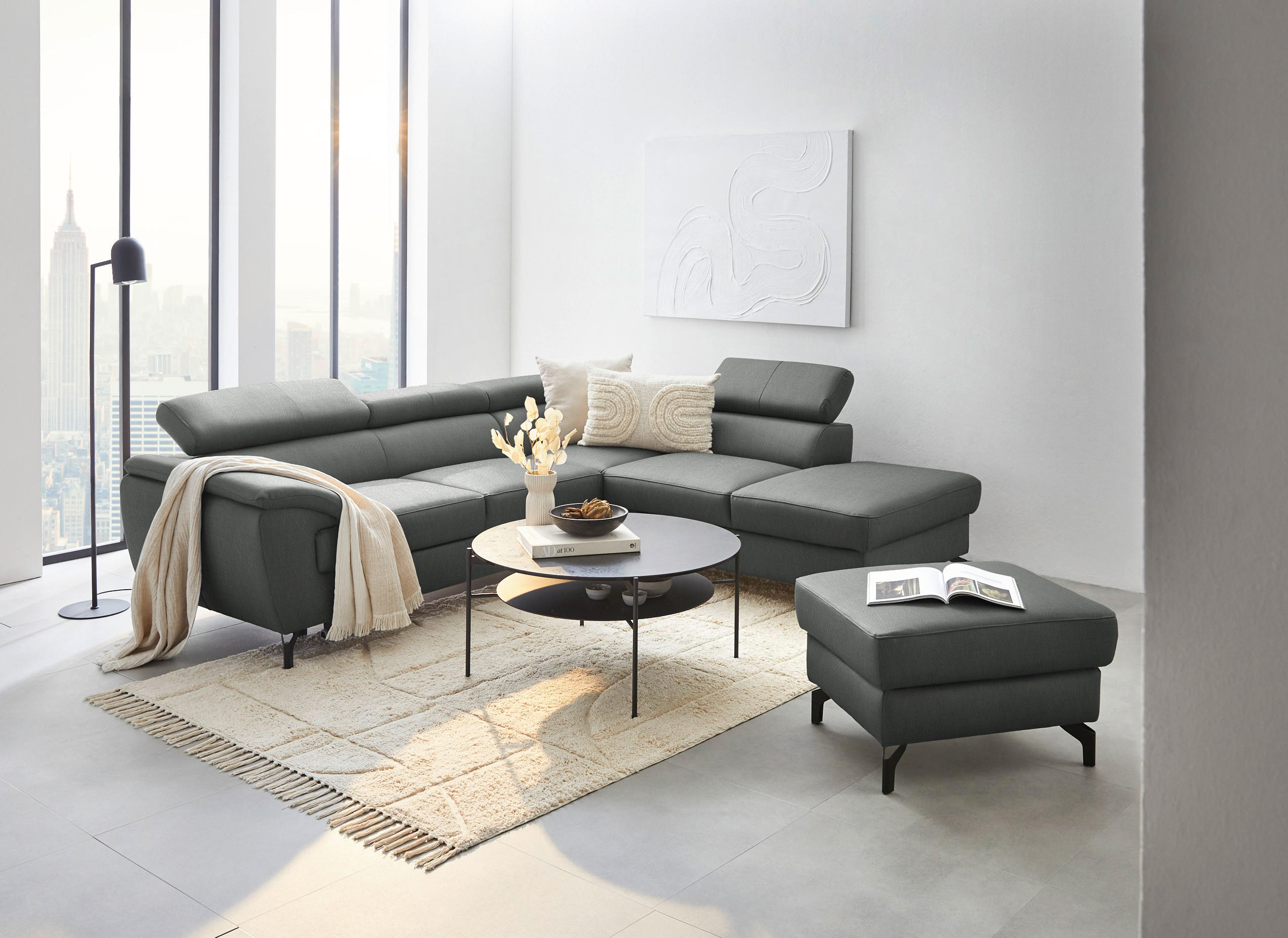 ECKSOFA in Echtleder Anthrazit  - Anthrazit/Schwarz, Design, Leder/Metall (256/220cm) - Celina Home