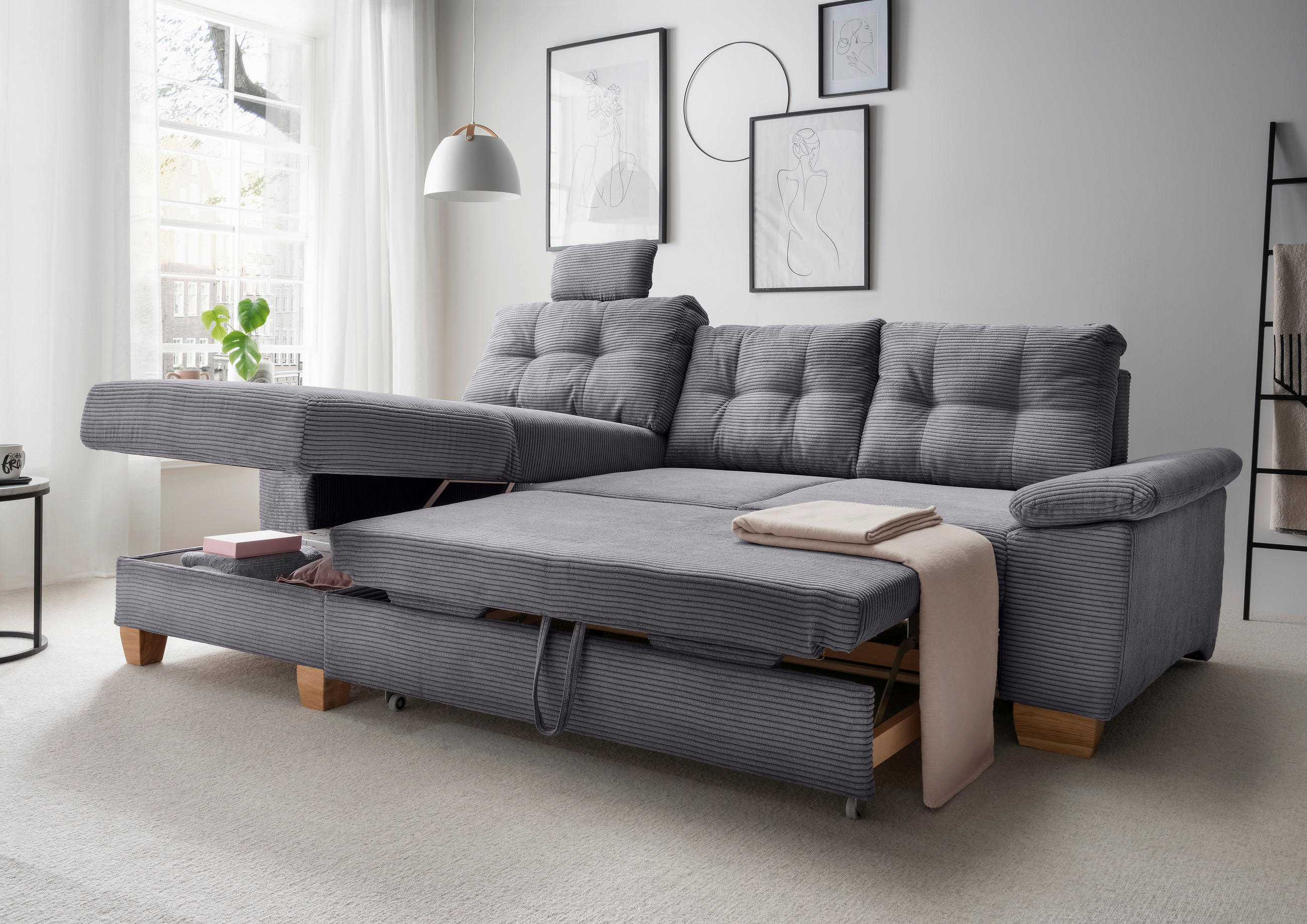 ECKSOFA Grau Cord  - Naturfarben/Grau, MODERN, Holz/Textil (176/270cm) - Livetastic