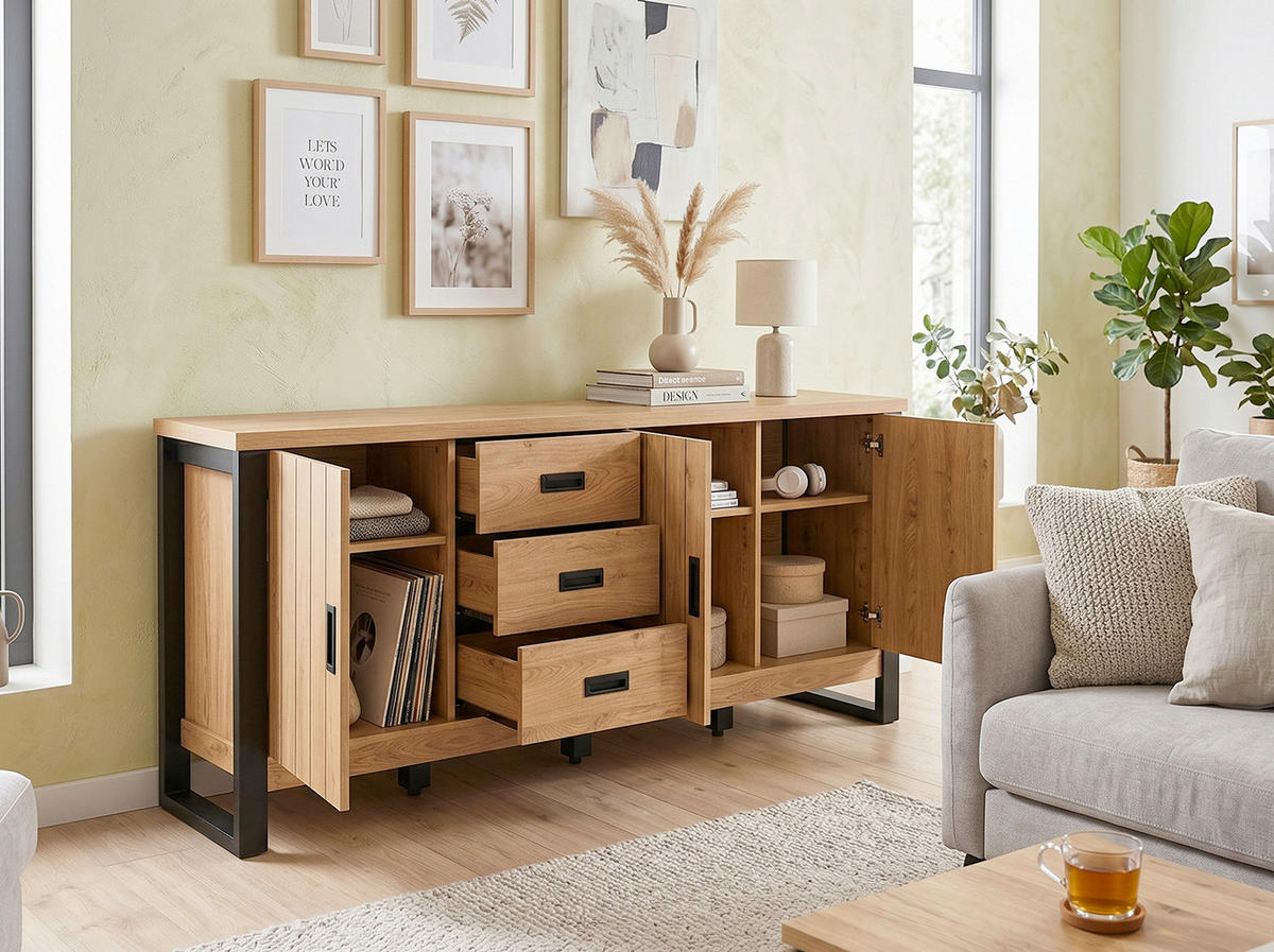 SIDEBOARD  173,4/75/39 cm 3 Schublade(n)  - Eichefarben/Schwarz, KONVENTIONELL, Holzwerkstoff/Metall (173,4/75/39cm) - MID.YOU