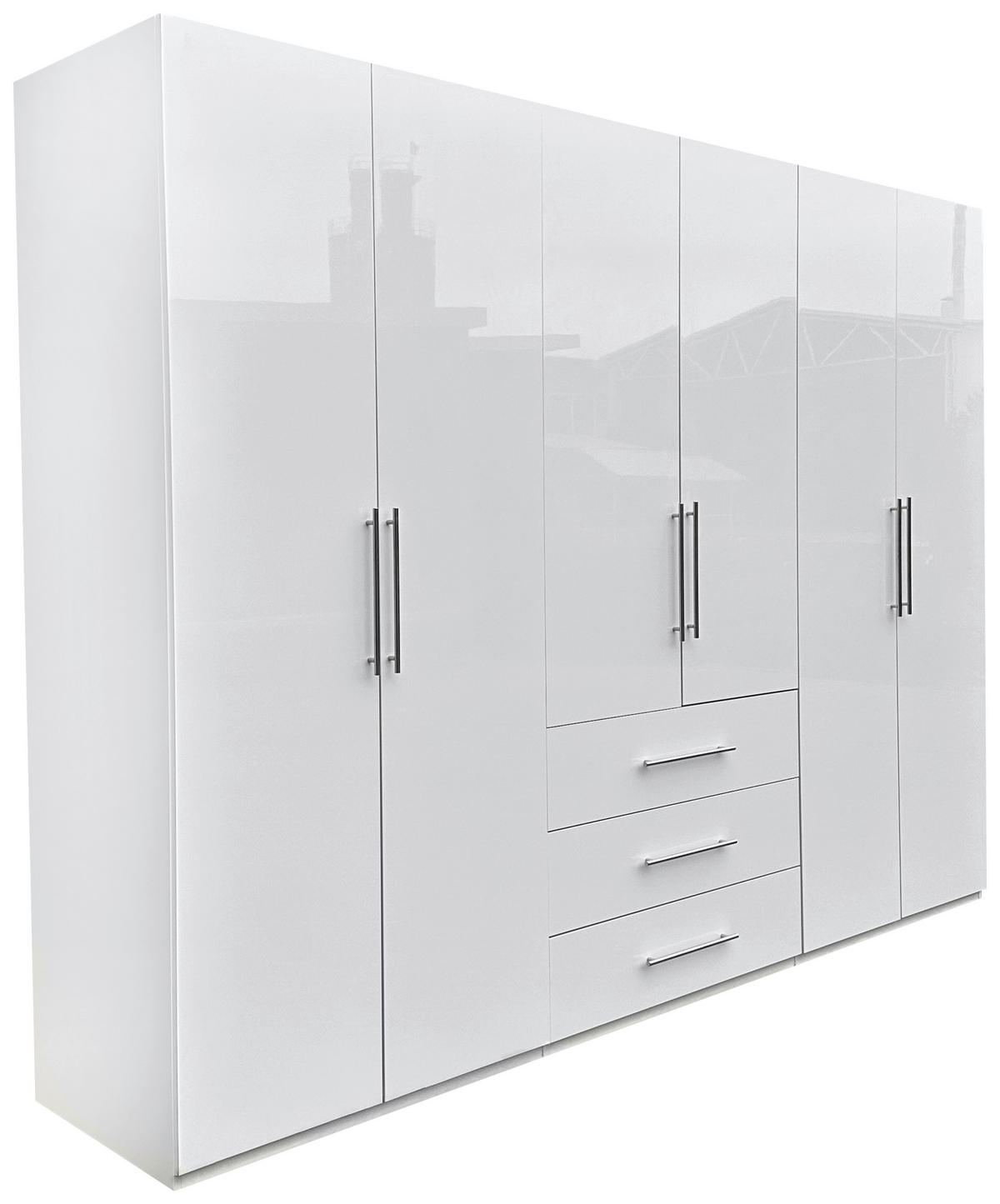 KLEIDERSCHRANK 294/219/59 cm 6-türig Weiß Hochglanz, Weiß  - Weiß Hochglanz/Alufarben, KONVENTIONELL, Holzwerkstoff/Metall (294/219/59cm) - Carryhome