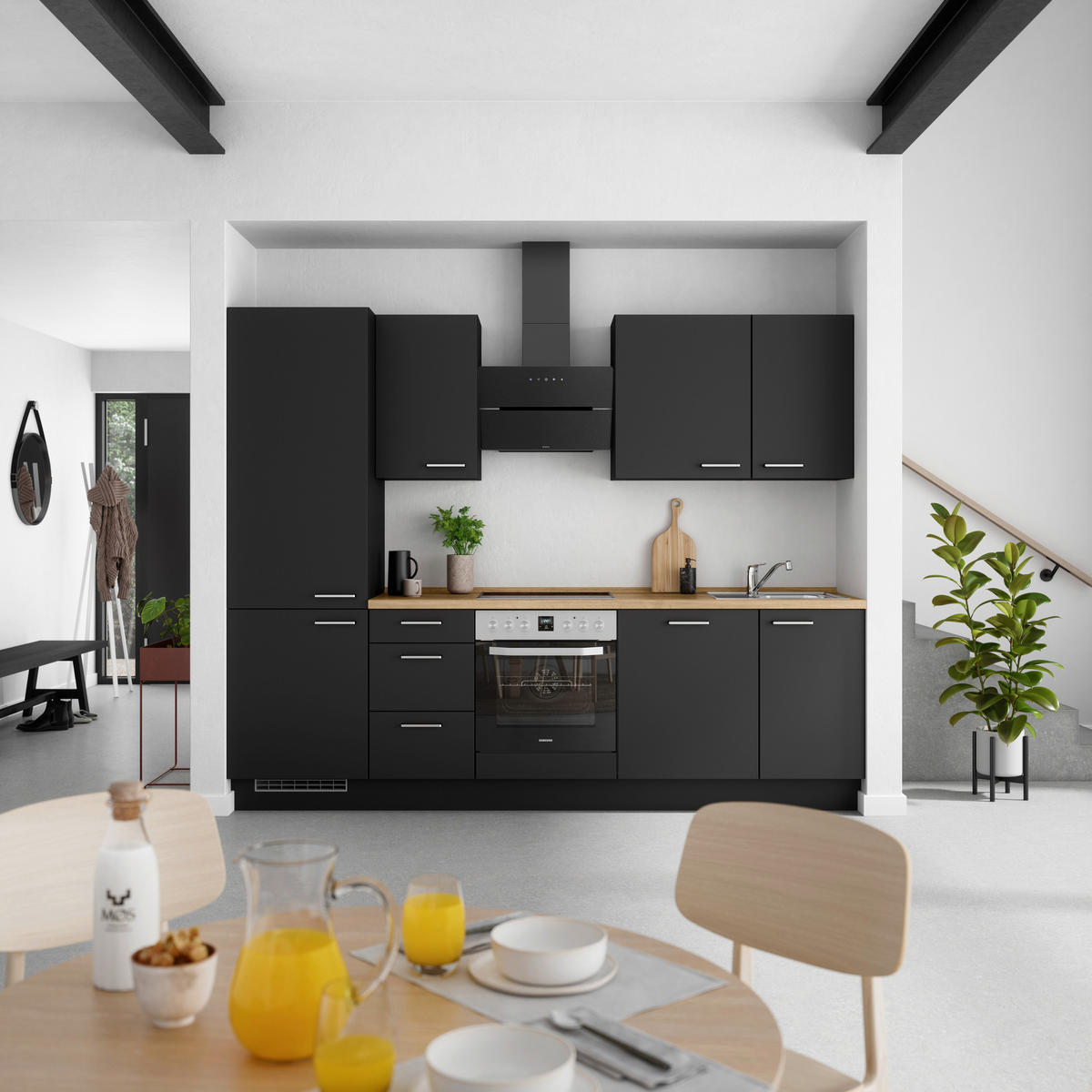 KÜCHENLEERBLOCK 270 cm   in Schwarz, Eichefarben  - Edelstahlfarben/Eichefarben, MODERN, Holzwerkstoff/Metall (270cm) - Nobilia