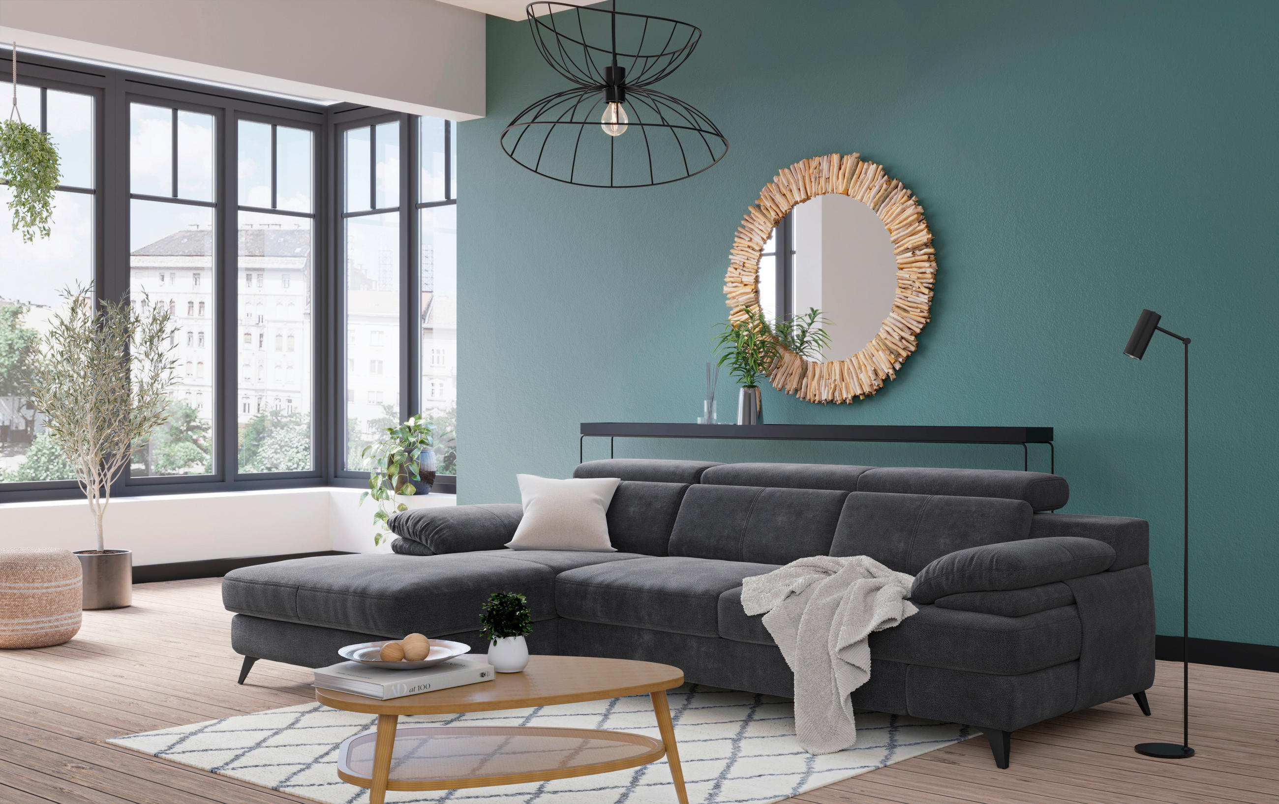 ECKSOFA in Chenille Dunkelgrau  - Dunkelgrau/Schwarz, Design, Textil/Metall (291/80-98/178cm) - Livetastic