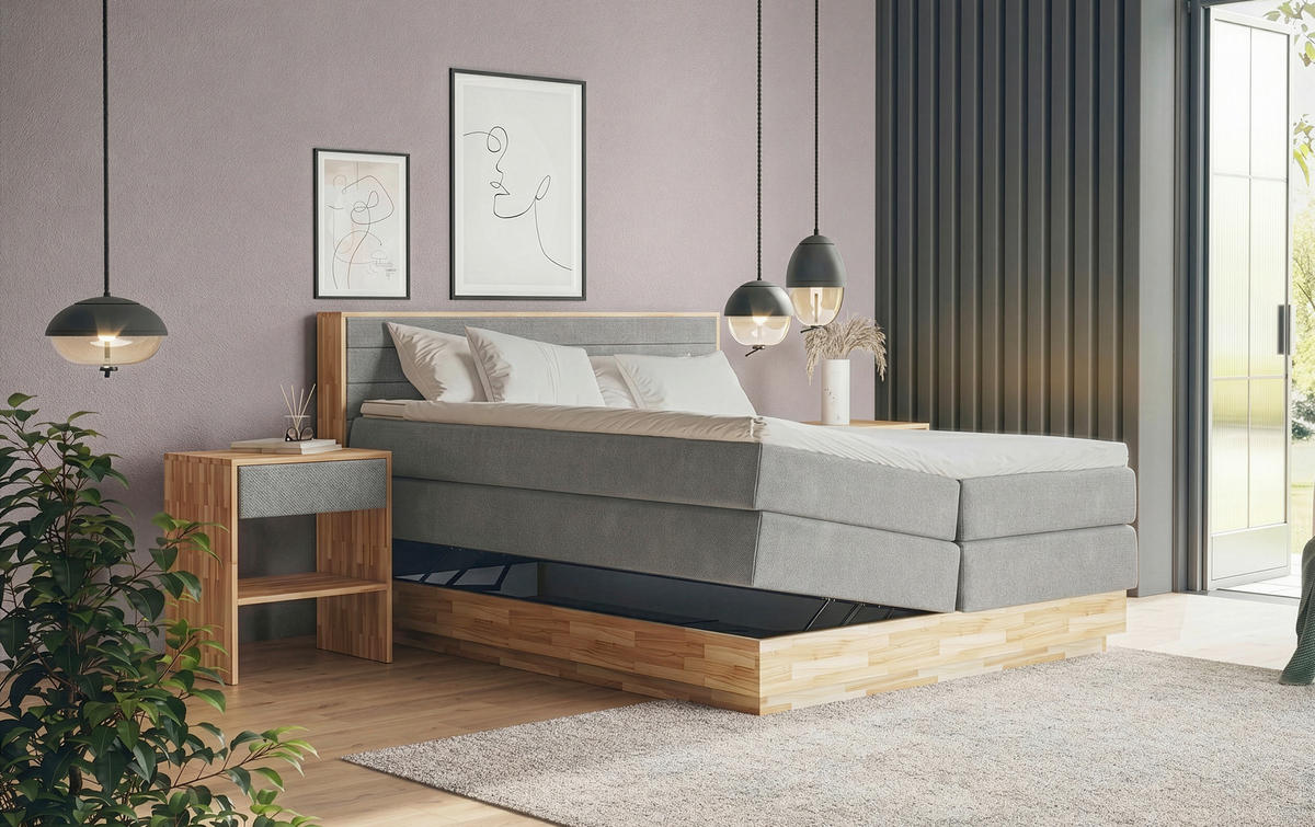BOXSPRINGBETT 180/200 cm,  in Taupe, Eichefarben, Matratze, gepolstertes Kopfteil, Bettkasten, Topper, H3 + H3 = fest  - Taupe/Eichefarben, MODERN, Holz/Kunststoff (180/200cm) - Livetastic