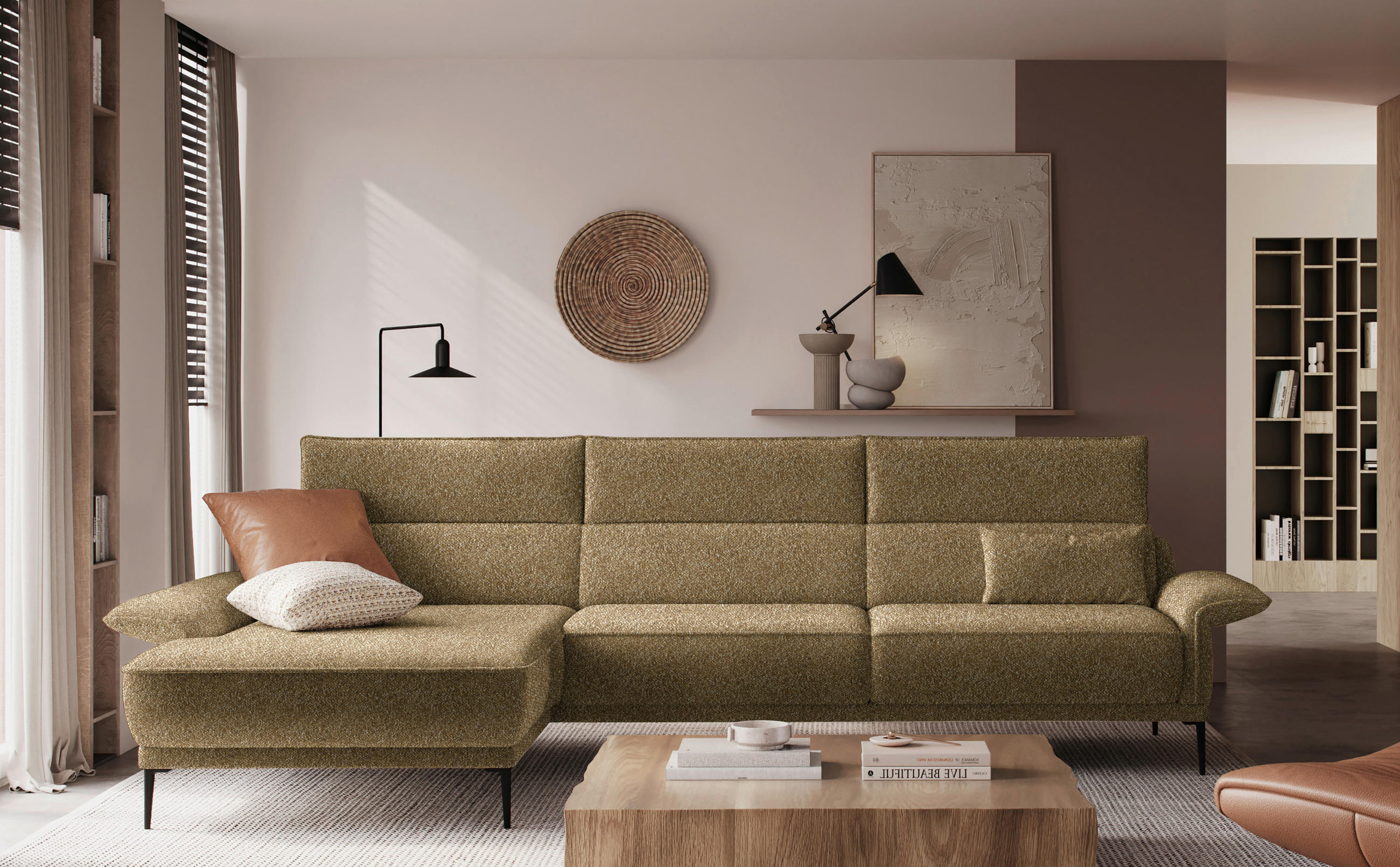 ECKSOFA in Bouclé Hellbraun  - Hellbraun/Schwarz, Modern, Textil/Metall (186/330cm) - Johann Jakob