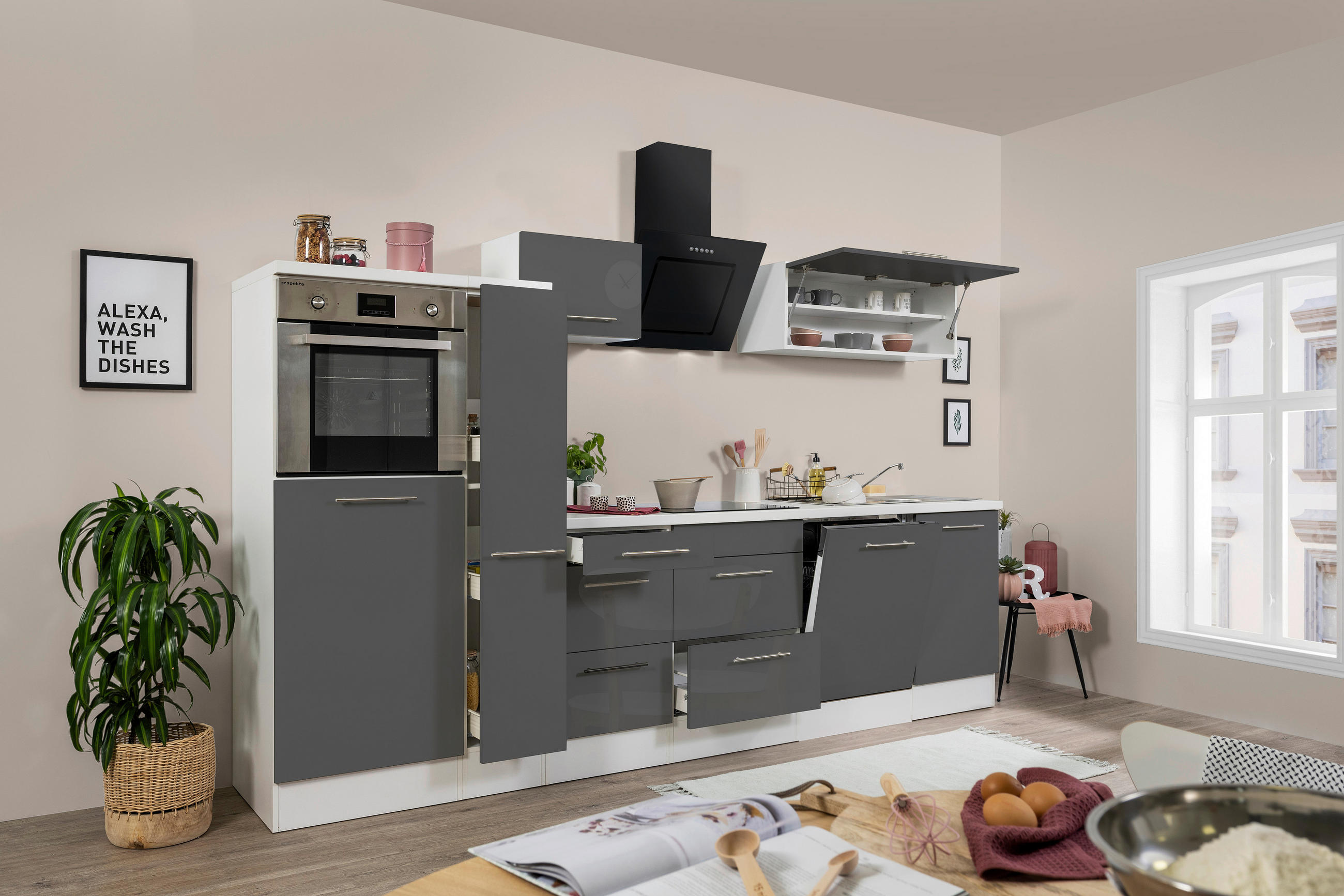 KÜCHENBLOCK 310 cm Grau, Weiß E-Geräte, Spüle, Soft-Close-System, Geschirrspülerblende, Ab- und Überlaufgarnitur, Herdanschlusskabel - Edelstahlfarben/Weiß, KONVENTIONELL, Metall (310cm) - Respekta