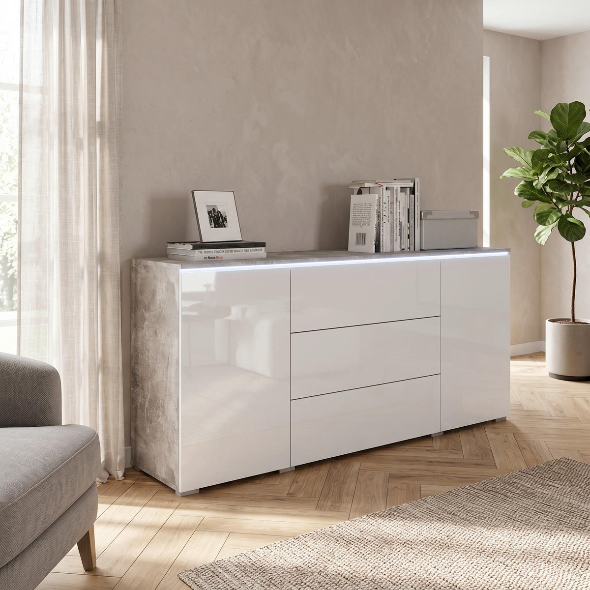 SIDEBOARD Vera 150/67,9/39,5 cm 3 Schublade(n)  - Weiß Hochglanz/Grau, LIFESTYLE, Holzwerkstoff/Kunststoff (150/67,9/39,5cm) - P & B