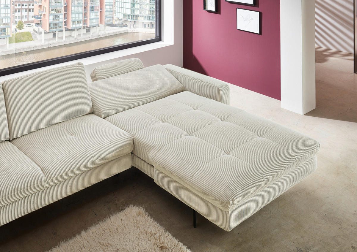 ECKSOFA in Cord Creme  - Creme/Schwarz, Design, Textil/Metall (302/178cm) - Beldomo Style