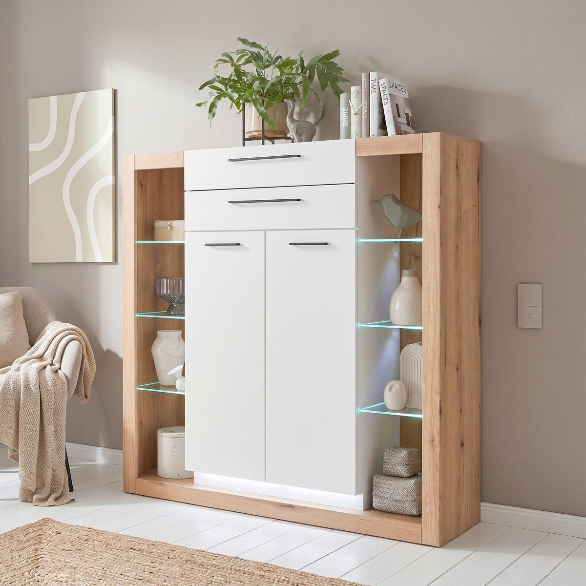 HIGHBOARD  141/139/37 cm 2 Schublade(n)  - Eichefarben/Schwarz, Design, Glas/Holzwerkstoff (141/139/37cm) - MID.YOU