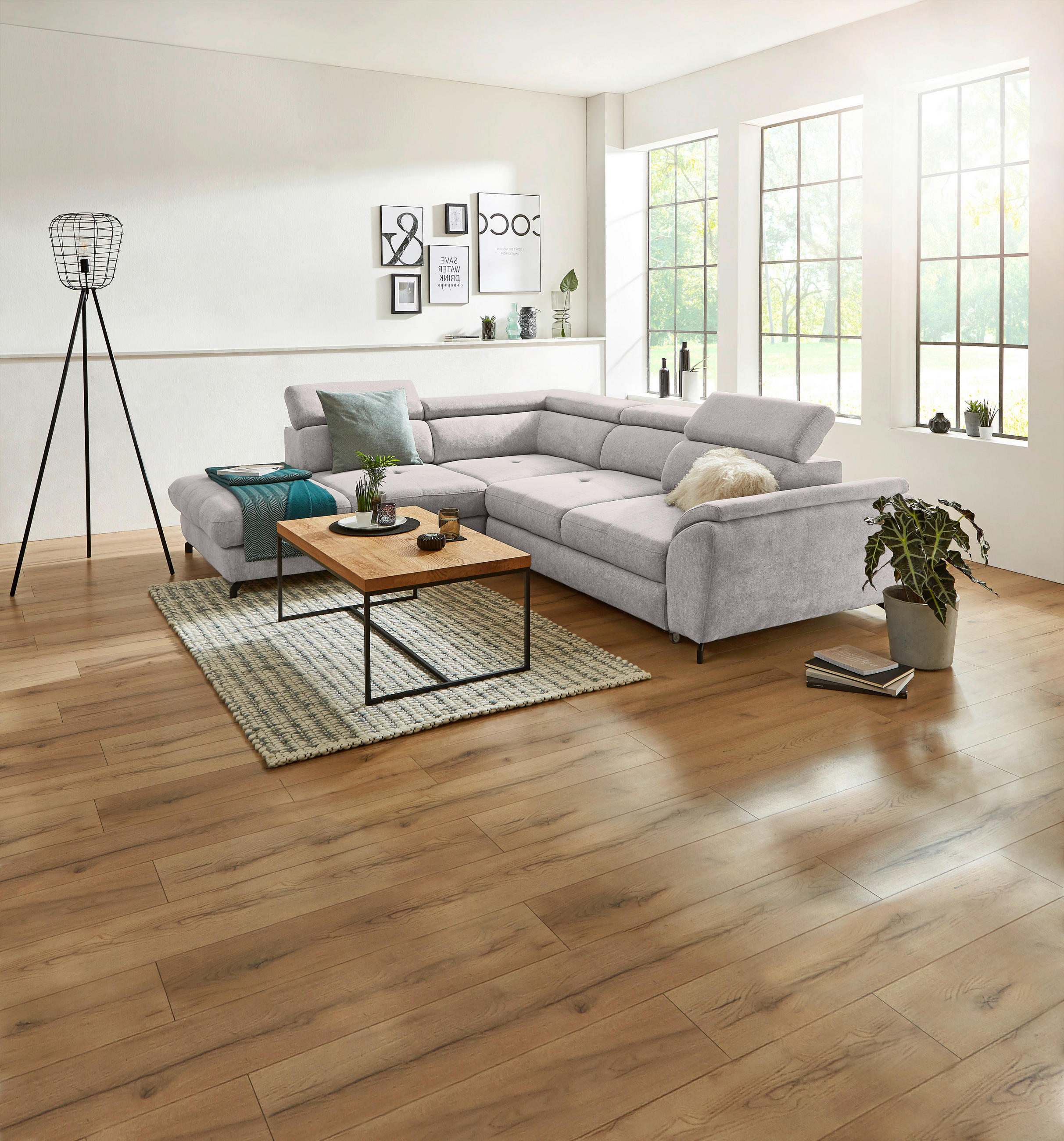 ECKSOFA inkl. Funktion Grau, Hellgrau Webstoff  - Hellgrau/Schwarz, Design, Textil/Metall (237/277cm) - Stylife