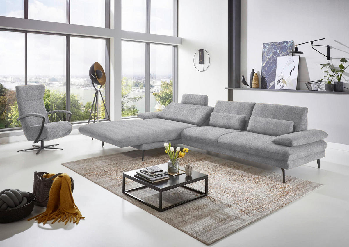 ECKSOFA in Chenille Hellgrau  180/310 cm  - Hellgrau/Schwarz, Design, Textil/Metall (180/310cm) - Dieter Knoll