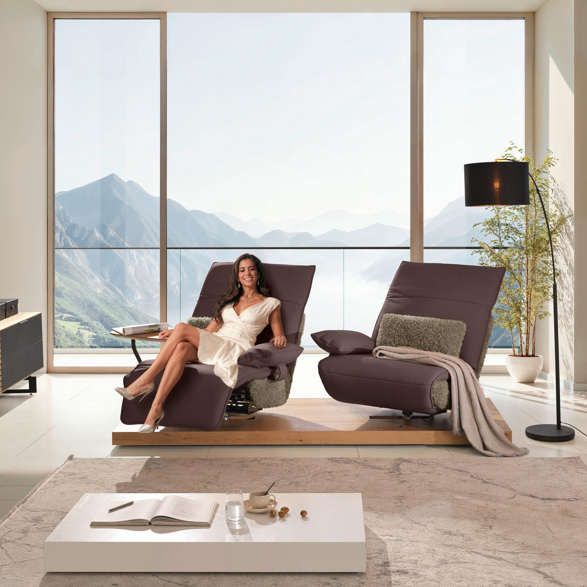 2-SITZER-SOFA  in Hochflor Echtleder Braun, Hellbraun  - Hellbraun/Schwarz, Design, Leder/Holz (240/65/104cm) - Koinor