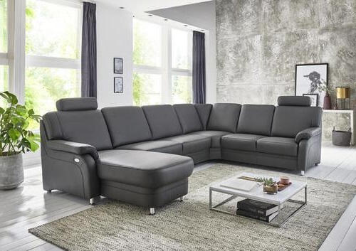 WOHNLANDSCHAFT Anthrazit Echtleder  - Anthrazit/Alufarben, KONVENTIONELL, Leder/Metall (165/329/239cm) - Beldomo Premium