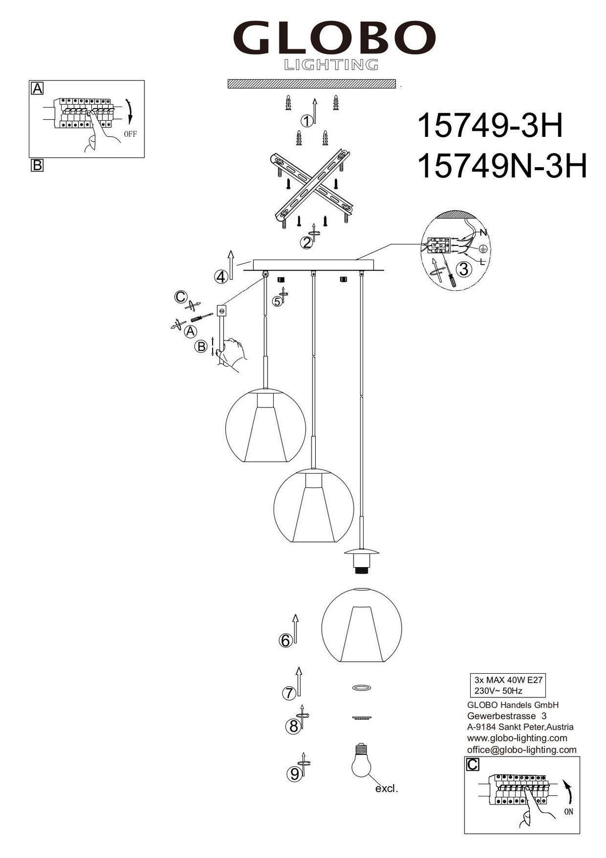 HÄNGELEUCHTE 45/120 cm    - Klar/Schwarz, Basics, Glas/Textil (45/120cm) - Globo