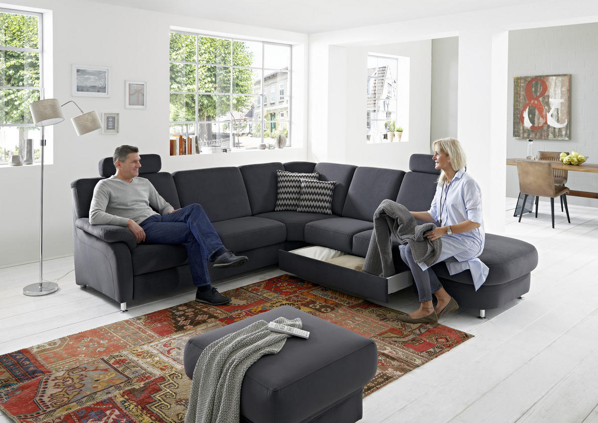 ECKSOFA in Flachgewebe Anthrazit  - Anthrazit/Alufarben, Konventionell, Textil/Metall (269/289cm) - Beldomo System
