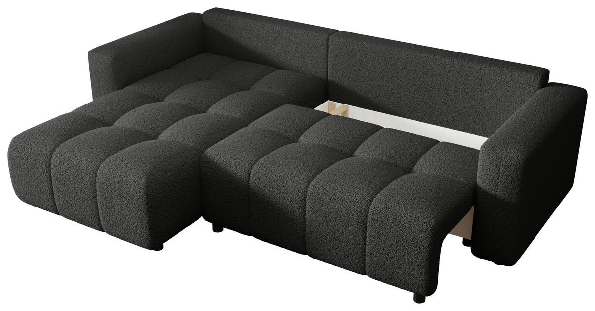 ECKSOFA Dunkelgrau Bouclé Zierkissen, Rückenkissen, Bettkasten, Schlaffunktion, Rücken echt, Liegefläche im Originalstoff  - Dunkelgrau/Schwarz, MODERN, Kunststoff/Textil (190/280cm) - Carryhome