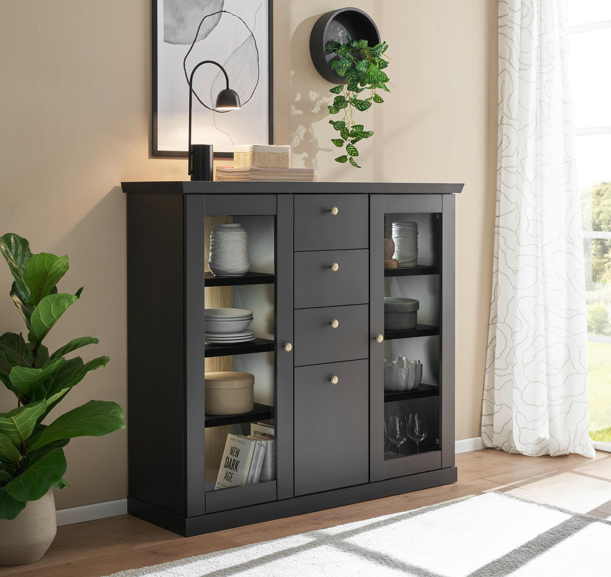 HIGHBOARD  129/118/42 cm 3 Schublade(n)  - Eichefarben/Schwarz, Design, Holzwerkstoff (129/118/42cm) - MID.YOU