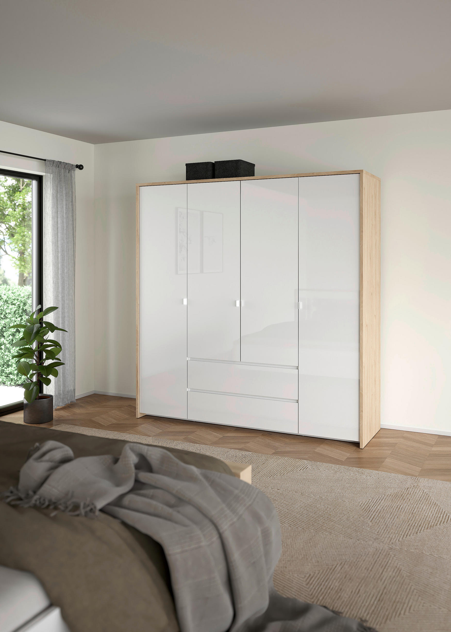 DREHTÜRENSCHRANK 197/202/58 cm 4-türig Weiß, Eichefarben  - Eichefarben/Weiß, KONVENTIONELL, Holzwerkstoff/Metall (197/202/58cm) - Boxxx