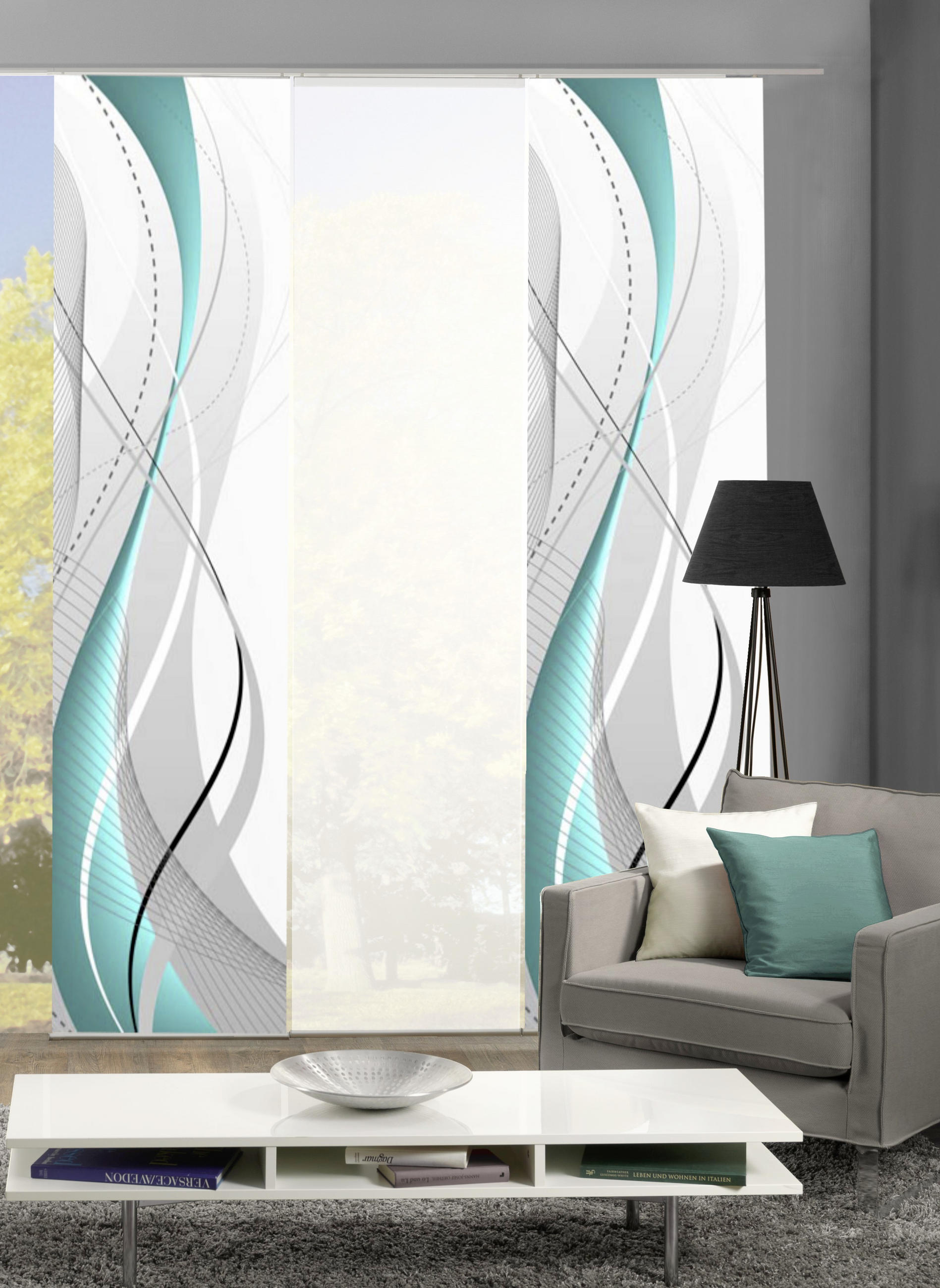 FLÄCHENVORHANG  3 Stück  halbtransparent   3x60/245 cm  - Petrol, Design, Textil (3x60/245cm)
