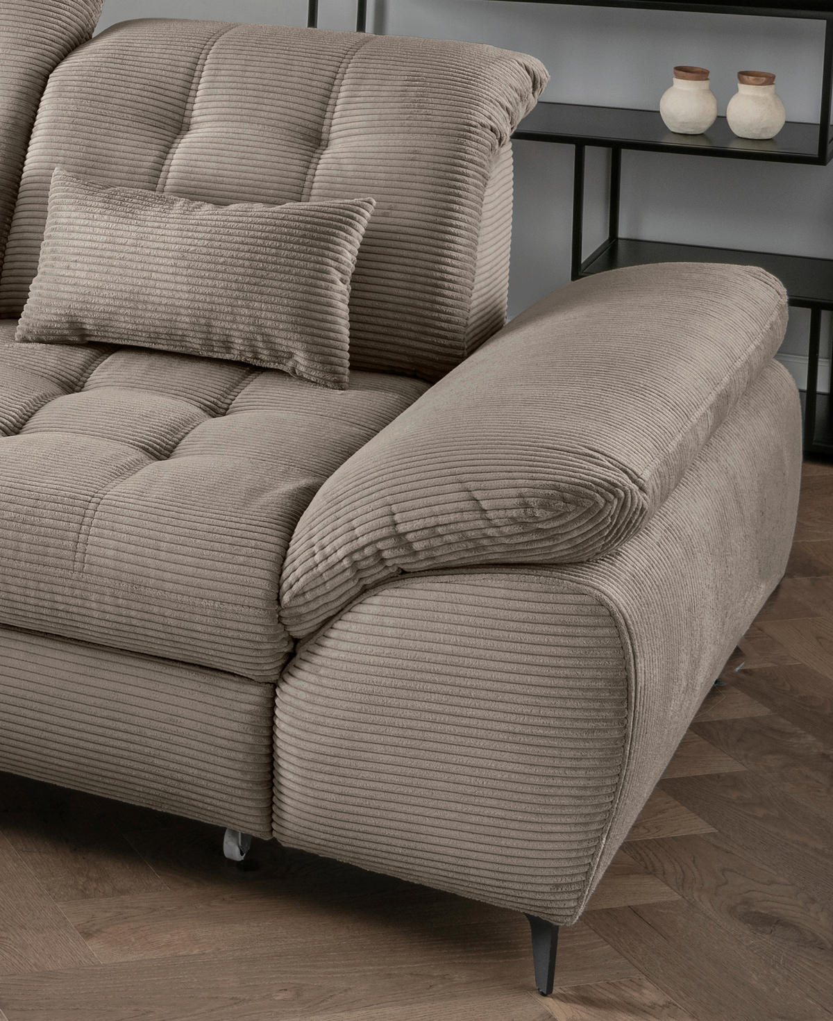 ECKSCHLAFSOFA  mit seitenverkehrt erhältlich, Rücken echt, Armteil links, Armteil rechts Cord Graubraun  - Graubraun/Schwarz, MODERN, Textil/Metall (189/273cm) - Livetastic