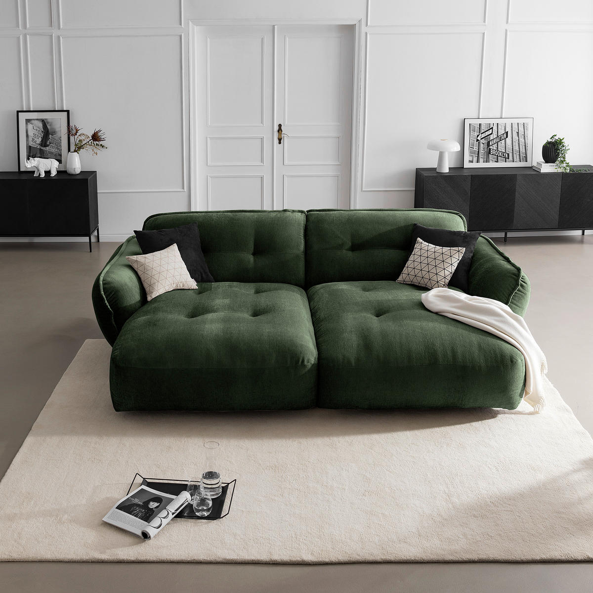 BIGSOFA in Chenille Dunkelgrün  - Dunkelgrün/Schwarz, Modern, Kunststoff/Textil (285/87/184cm) - Trendmanufaktur