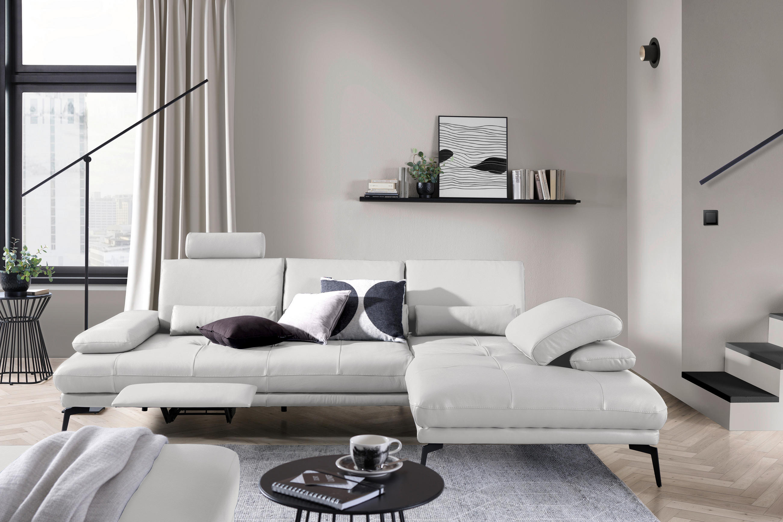 ECKSOFA Weiß Echtleder  - Schwarz/Weiß, Design, Leder/Metall (273/187cm) - Celina Home