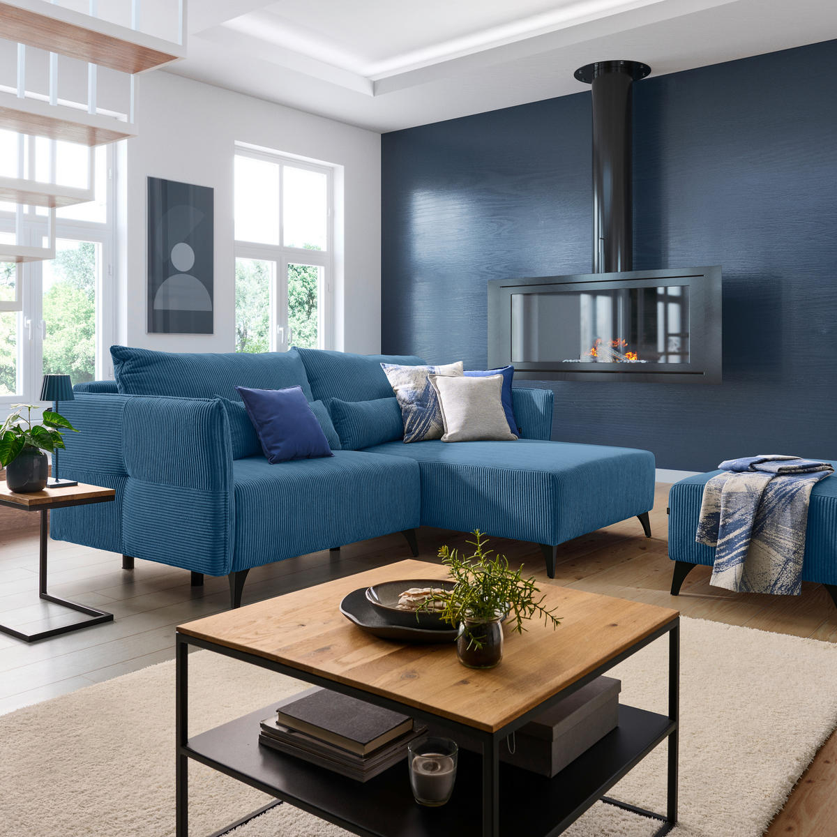 ECKSOFA Blau Cord  - Blau/Schwarz, Design, Textil/Metall (254/175cm) - Stylife