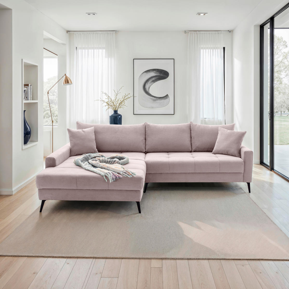 ECKSOFA Rosa Cord  - Schwarz/Rosa, KONVENTIONELL, Textil/Metall (173/280cm) - Hom`in