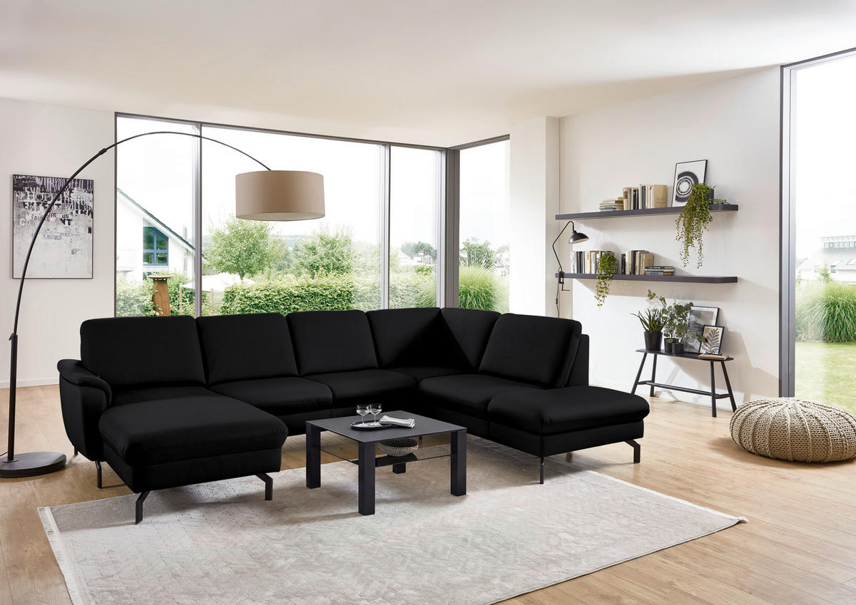 WOHNLANDSCHAFT Echtleder Schwarz  - Schwarz, Konventionell, Leder/Metall (168/306/224cm) - Beldomo Premium