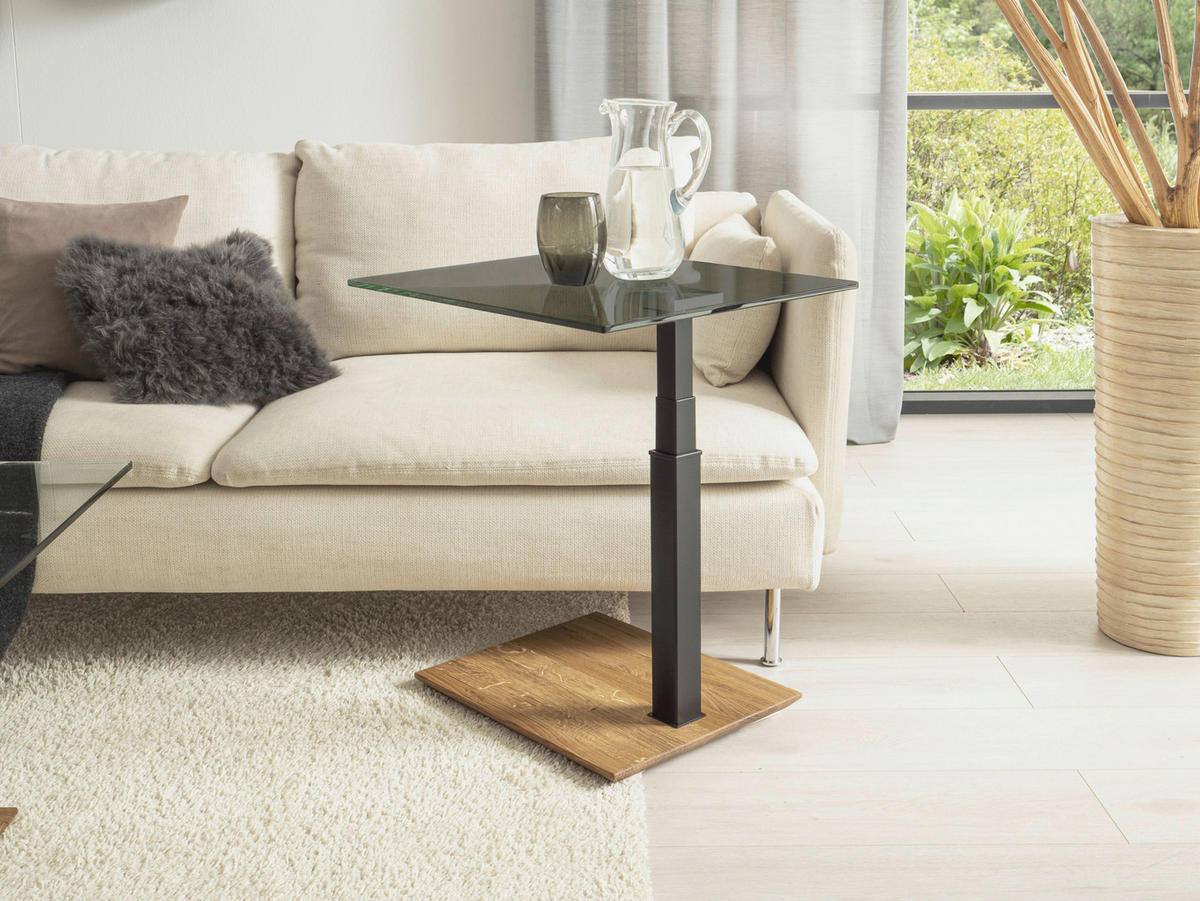 BEISTELLTISCH Holz, Metall, Glas 55/47/47-65 cm  - Eichefarben/Schwarz, Natur, Glas/Holz (55/47/47-65cm) - Novel