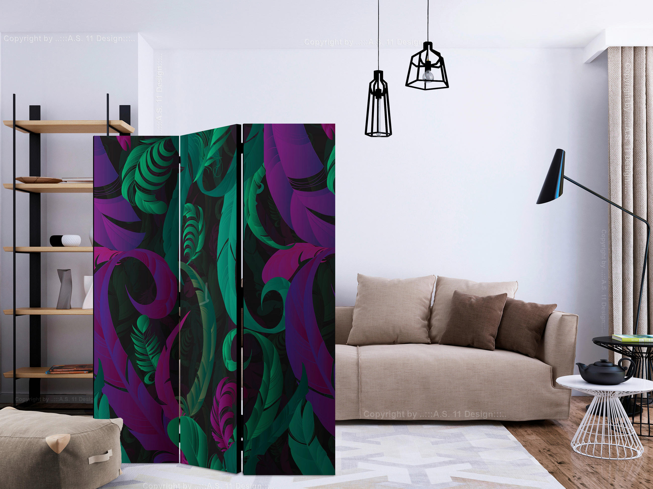 SKÄRMVÄGG  i trä, textil  grön, violett  - grön/violett, Basics, trä/textil (135/172/3cm) - artgeist