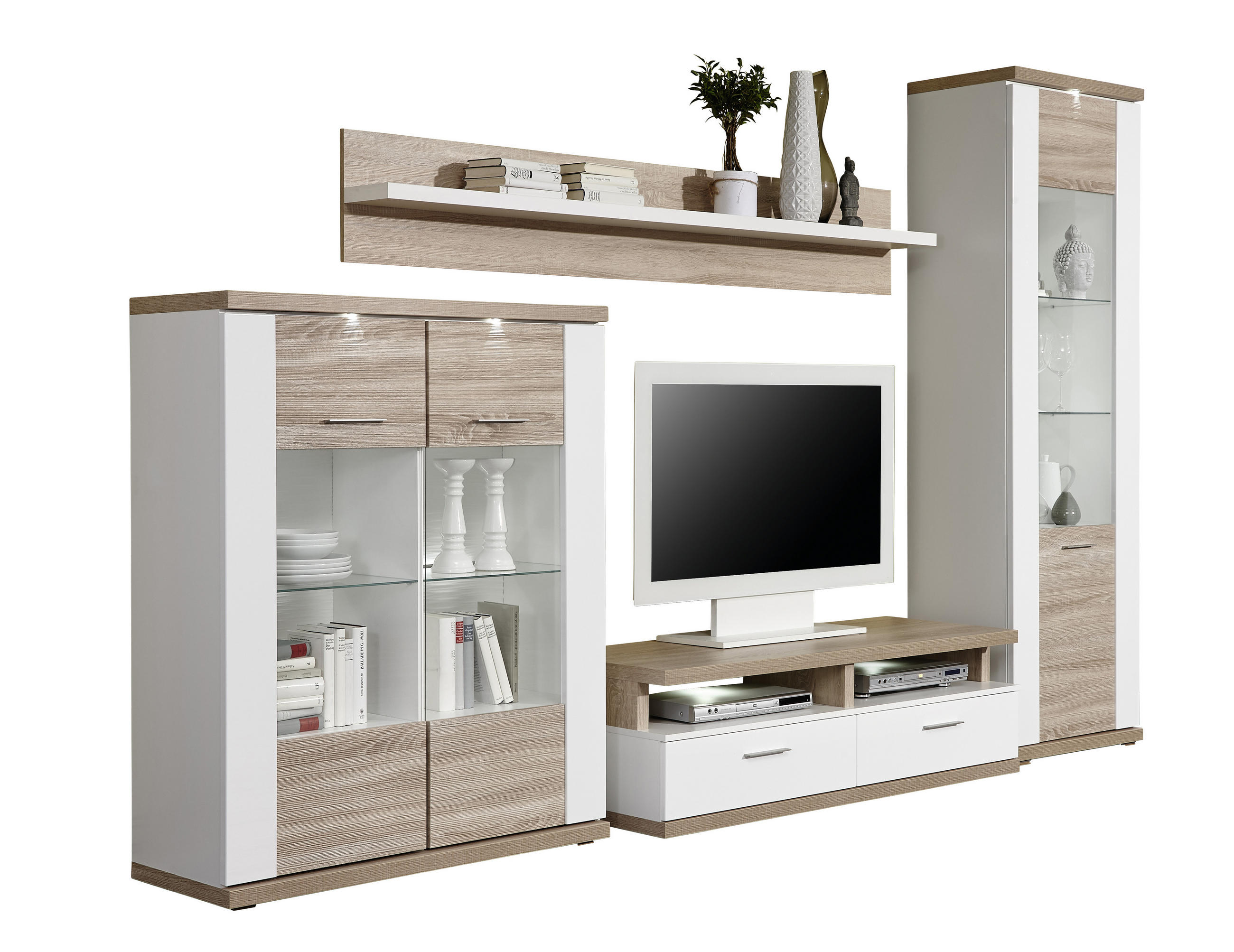 WOHNWAND Manhattan  in Weiß, Eichefarben  330,3/206/50 cm  - Eichefarben/Schwarz, Design, Glas/Holzwerkstoff (330,3/206/50cm) - Xora