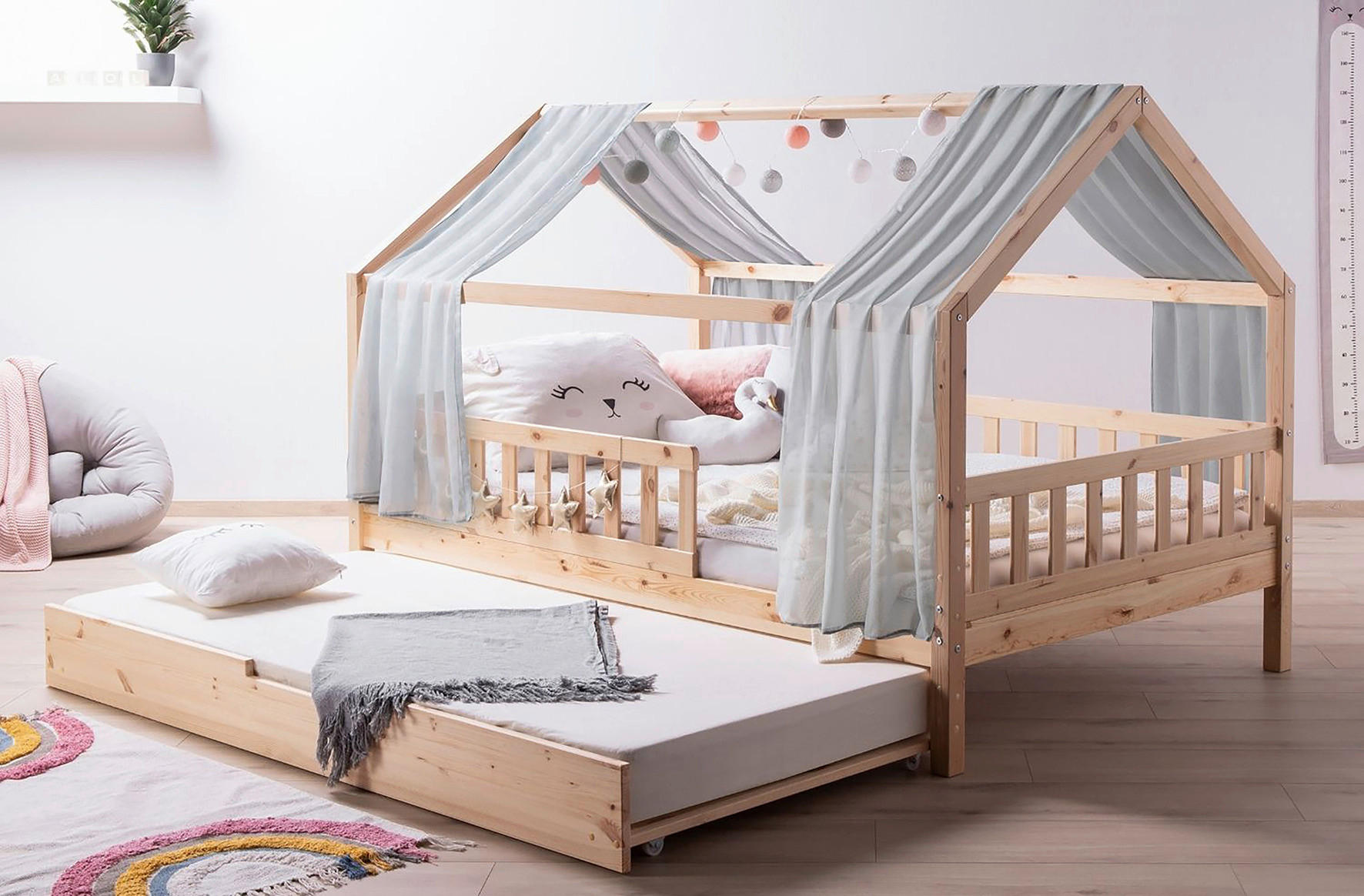 HAUSBETT 100/200 cm,  in Grau, Naturfarben  - Naturfarben/Grau, MODERN, Holz/Textil (100/200cm) - MID.YOU