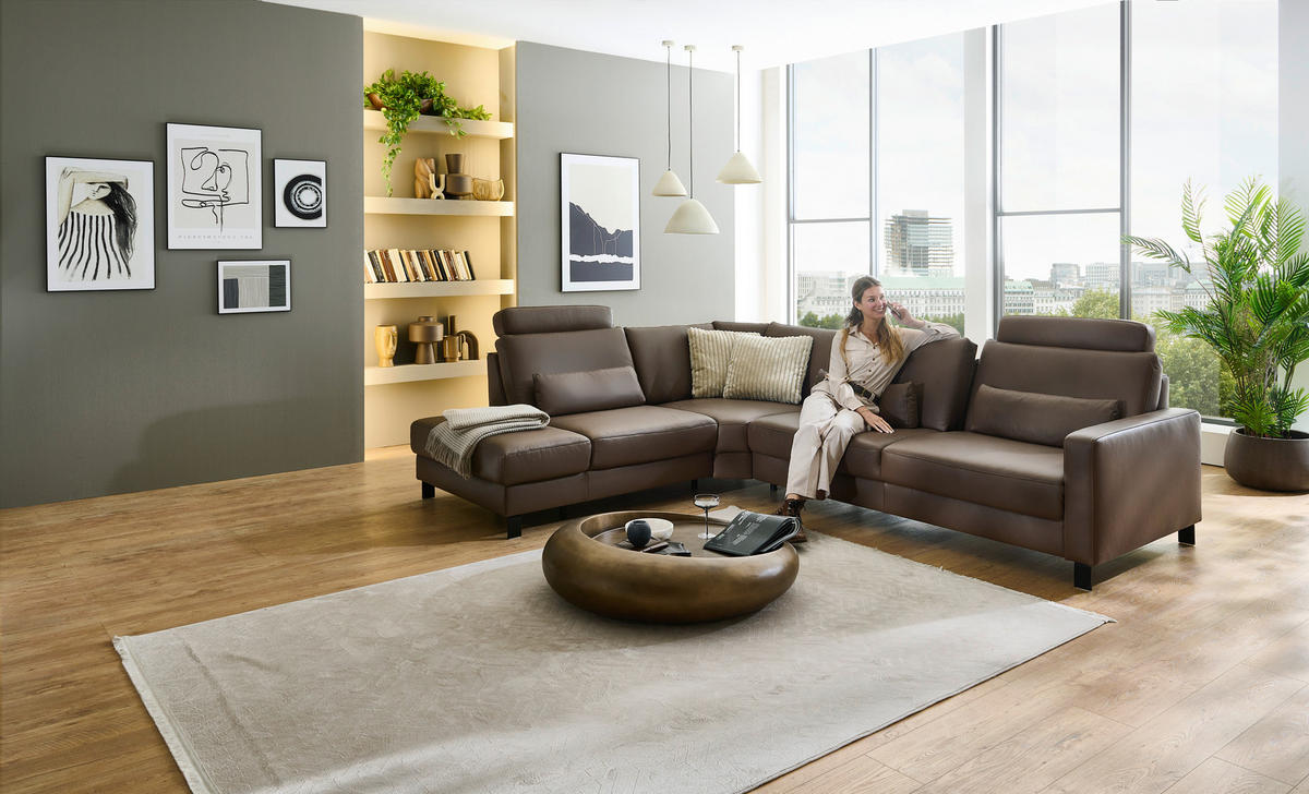 ECKSOFA Echtleder Braun  - Schwarz/Braun, Konventionell, Leder/Metall (243/306cm) - Dieter Knoll