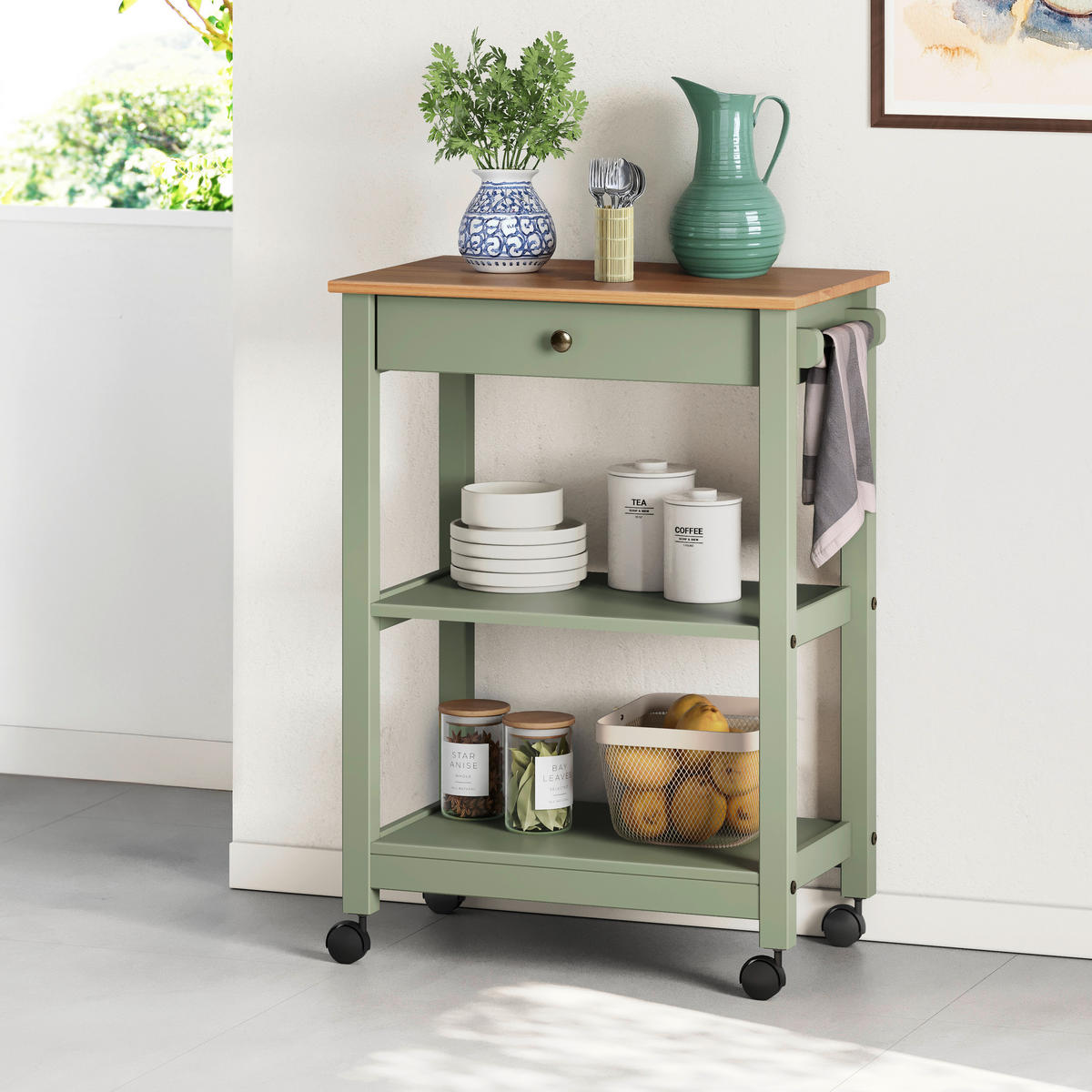 SERVIERWAGEN Pinie massiv Braun, Olivgrün  - Zinkfarben/Olivgrün, MODERN, Holz/Kunststoff (65/90,6/40cm) - Livetastic