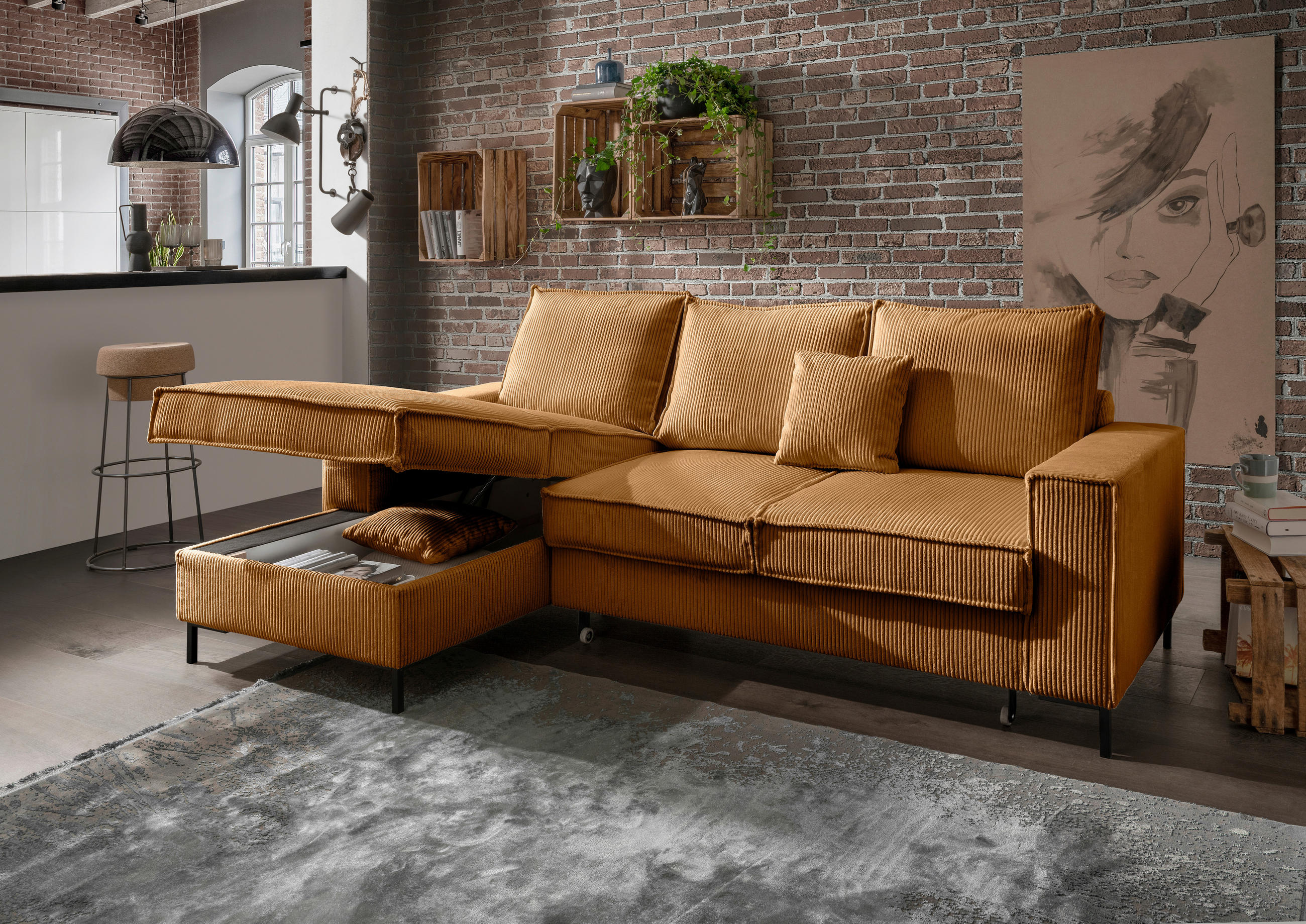 ECKSOFA Goldfarben Cord  - Goldfarben/Schwarz, MODERN, Textil/Metall (150/240cm) - Livetastic