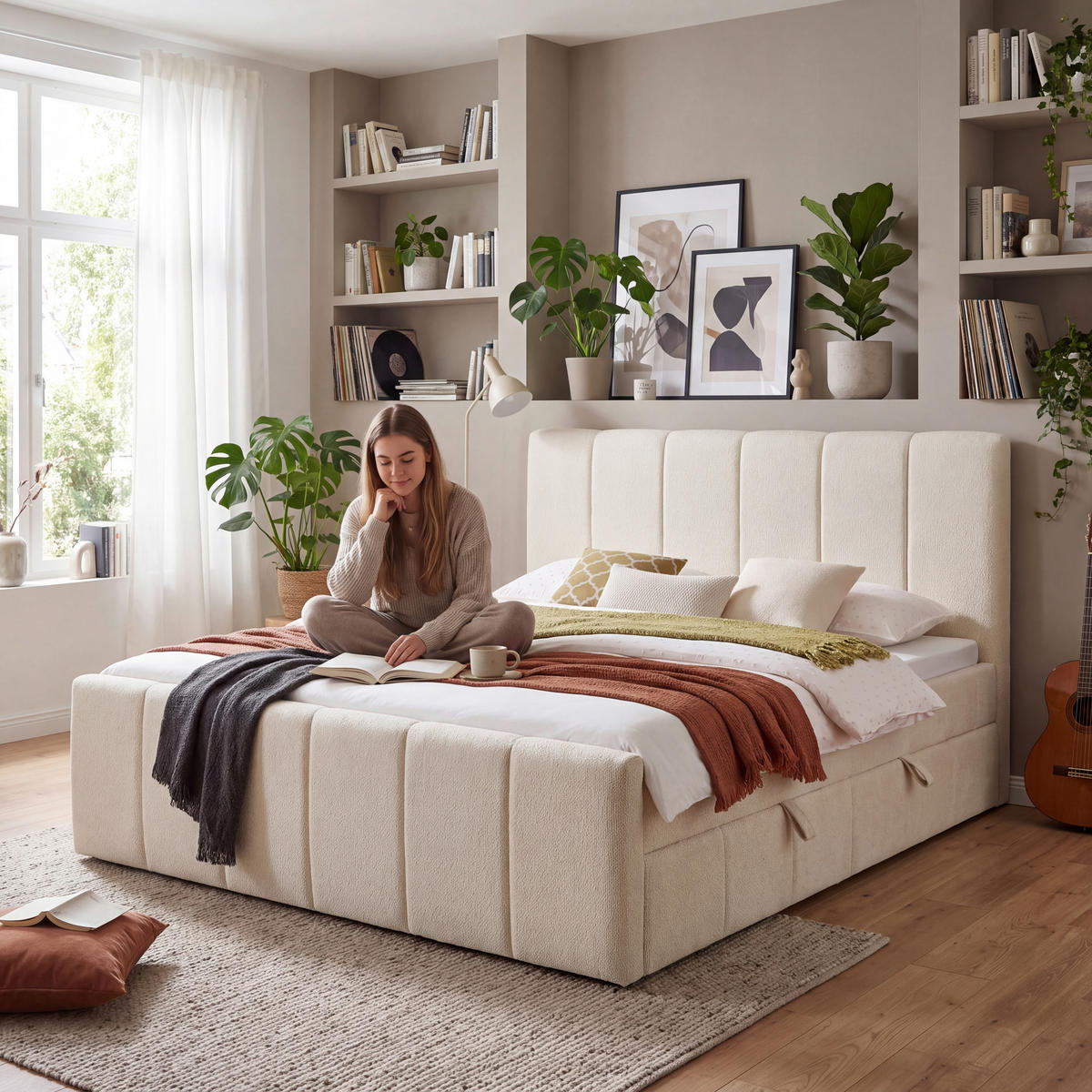 BOXBETT 180/200 cm,  in Beige, gepolstertes Kopfteil, Bettkasten, Topper, Matratzen, H3 + H3 = fest  - Beige/Schwarz, Basics, Kunststoff/Textil (180/200cm) - Chameo