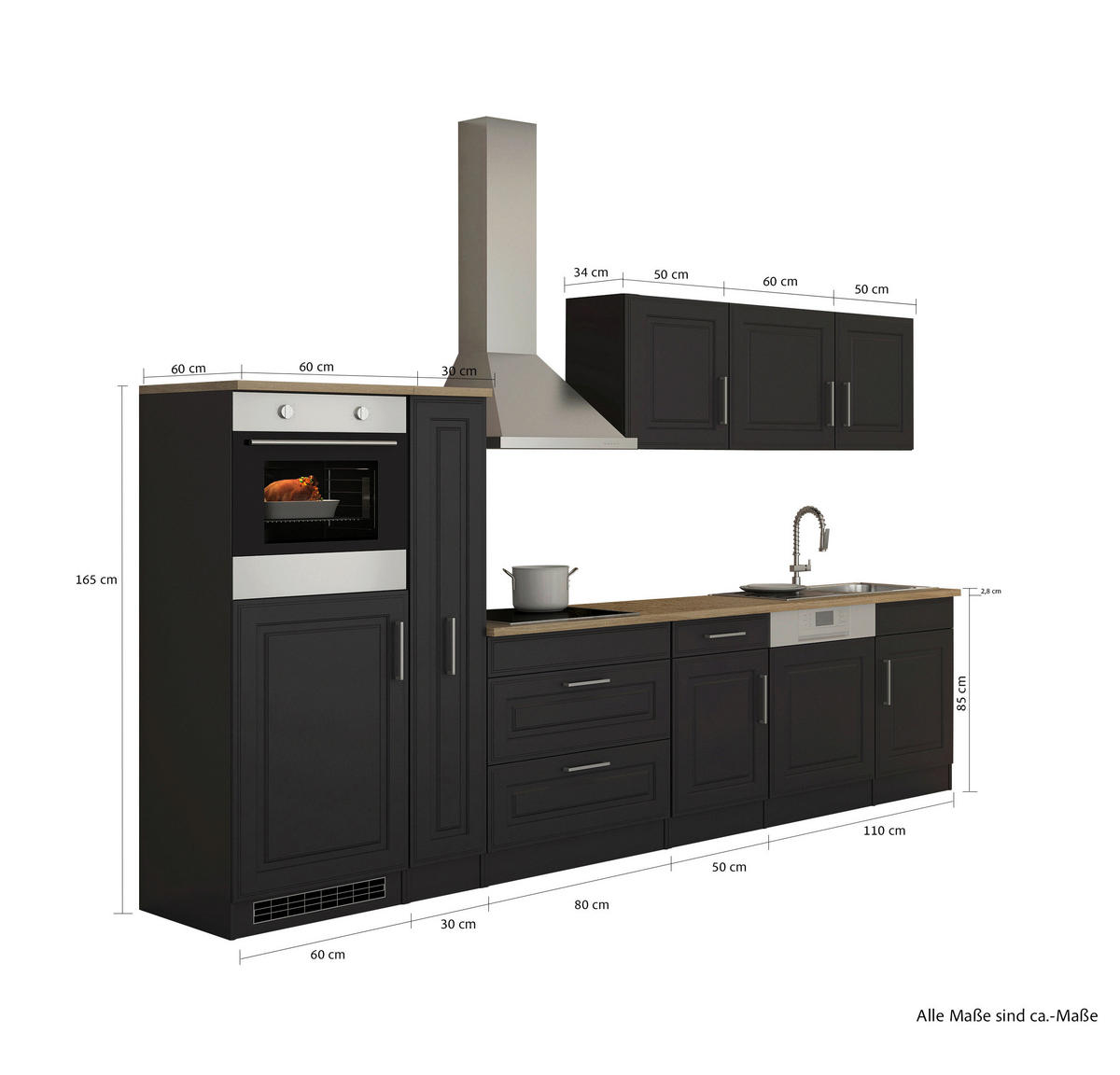 KÜCHENBLOCK 330 cm   in Graphitfarben, Sonoma Eiche  - Alufarben/Graphitfarben, Modern, Holzwerkstoff/Metall (330cm) - Held