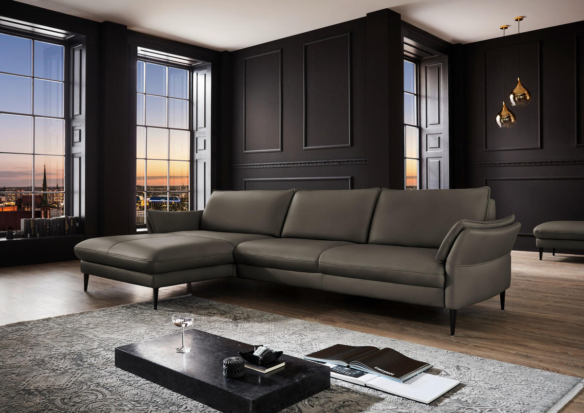 ECKSOFA in Echtleder Graubraun  - Graubraun/Schwarz, Design, Leder/Metall (172/334cm) - Hukla