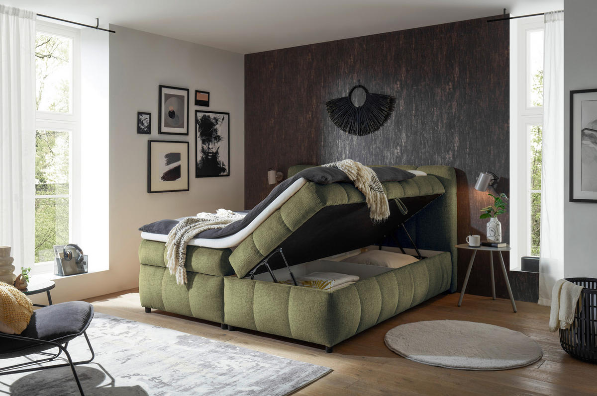 BOXBETT 180/200 cm,  in Grün, Bettkasten, Topper, H2 + H2 = mittel  - Schwarz/Grün, Design, Kunststoff/Textil (180/200cm) - Esposa