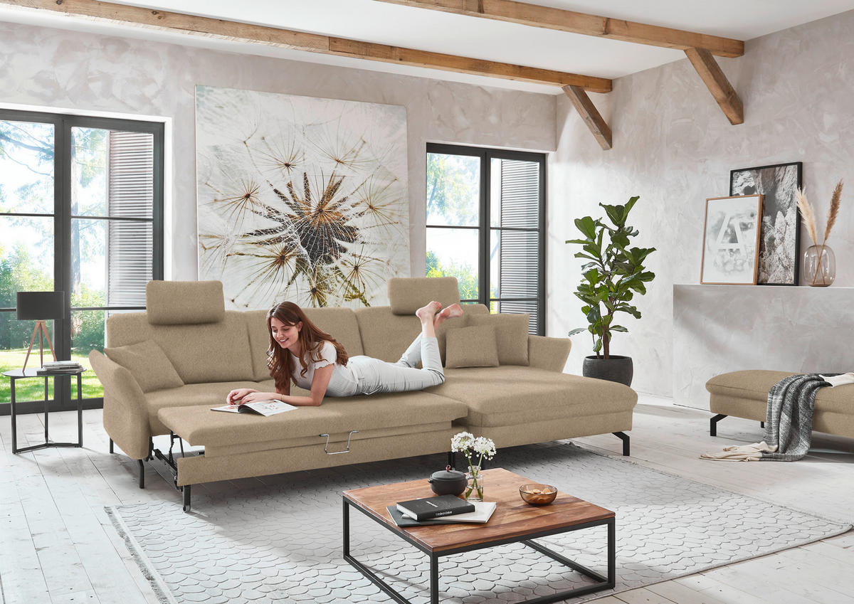 ECKSOFA in Velours Hellbraun  - Hellbraun/Schwarz, Design, Textil/Metall (306/179cm) - Beldomo System