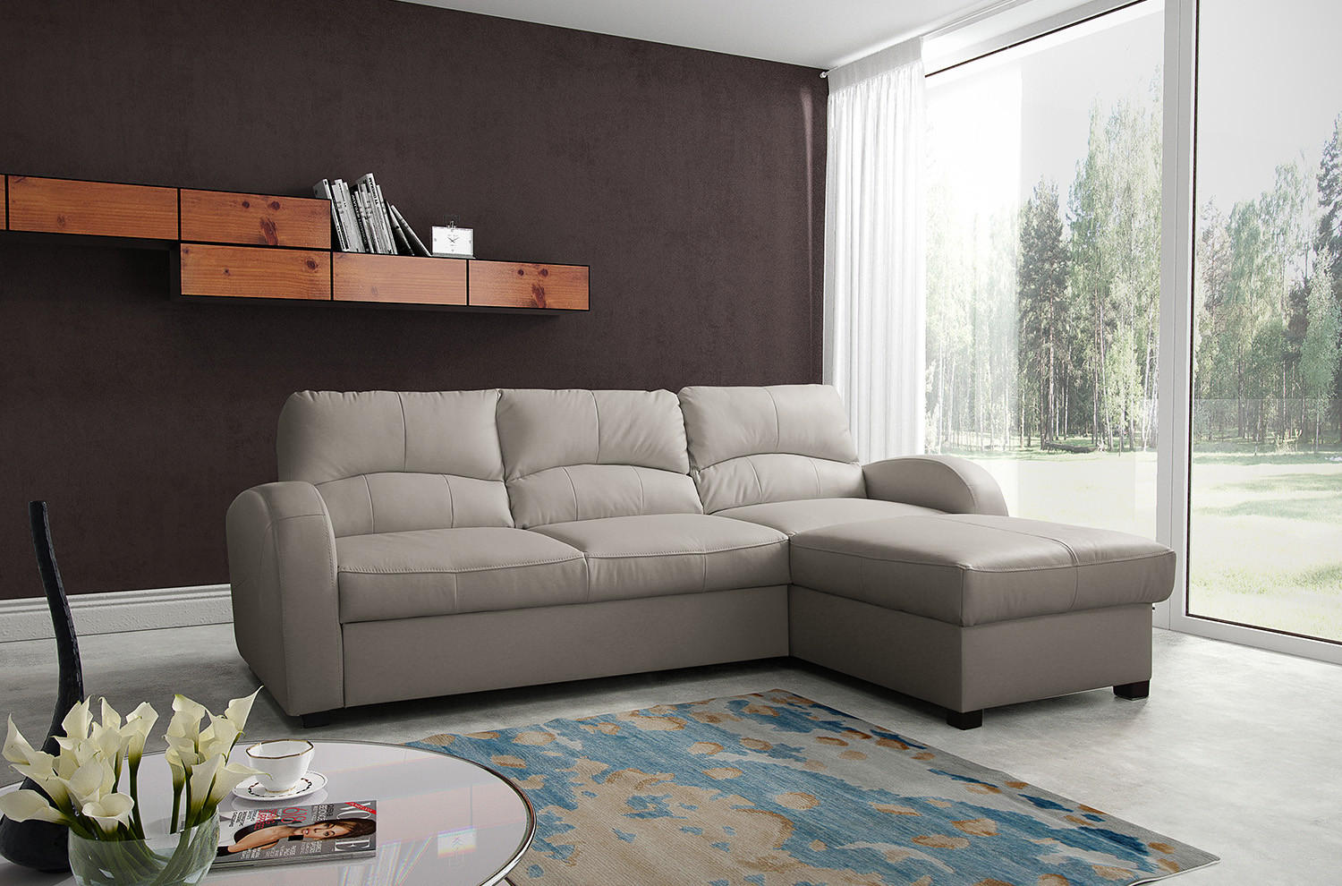 ECKSOFA Platinfarben Echtleder Lederlook  - Platinfarben/Schwarz, Design, Leder/Kunststoff (227/168cm) - Livetastic
