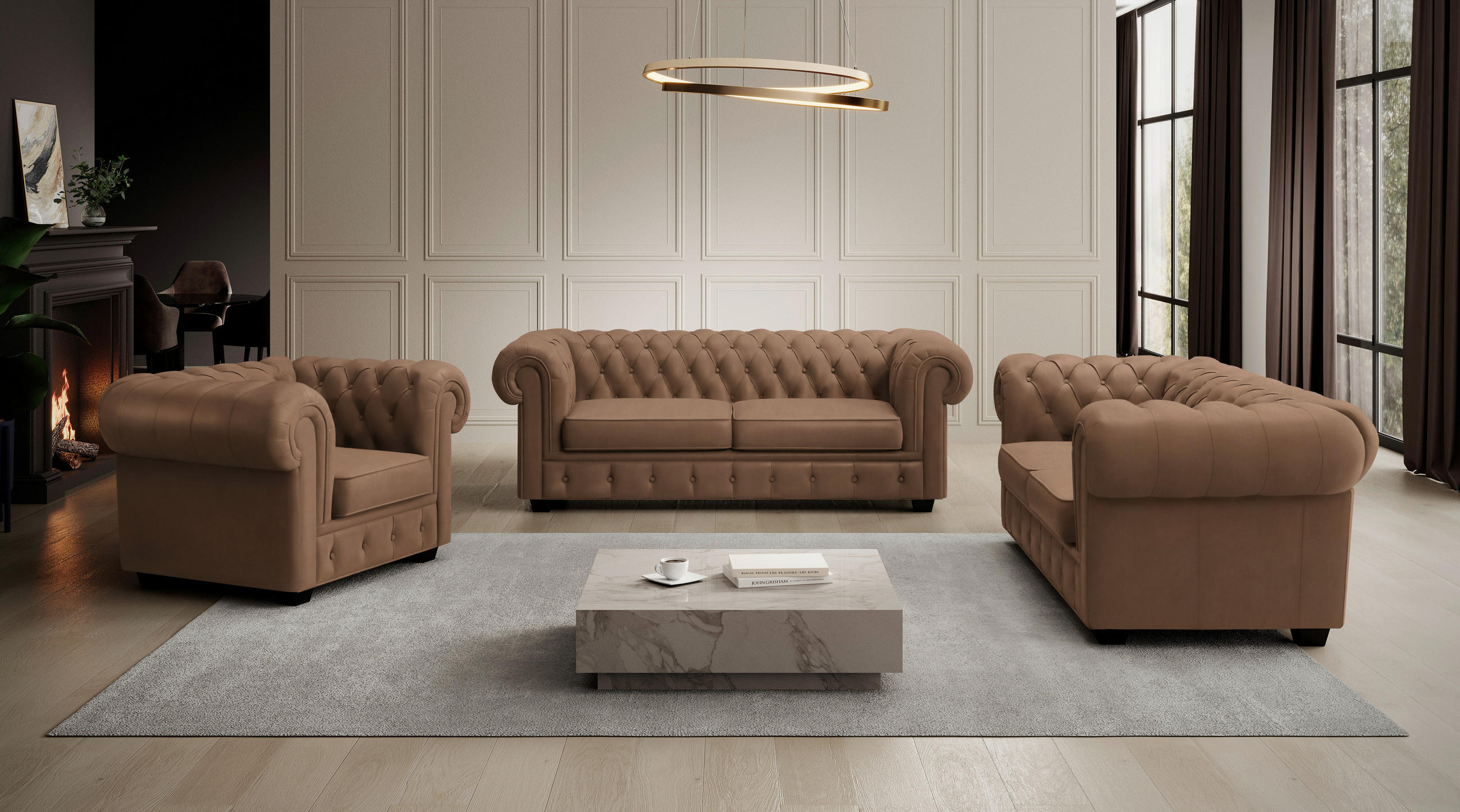 CHESTERFIELD-SOFA in Lederlook Braun  - Wengefarben/Braun, Lifestyle, Holz/Textil (206/76,5/96cm) - Landscape