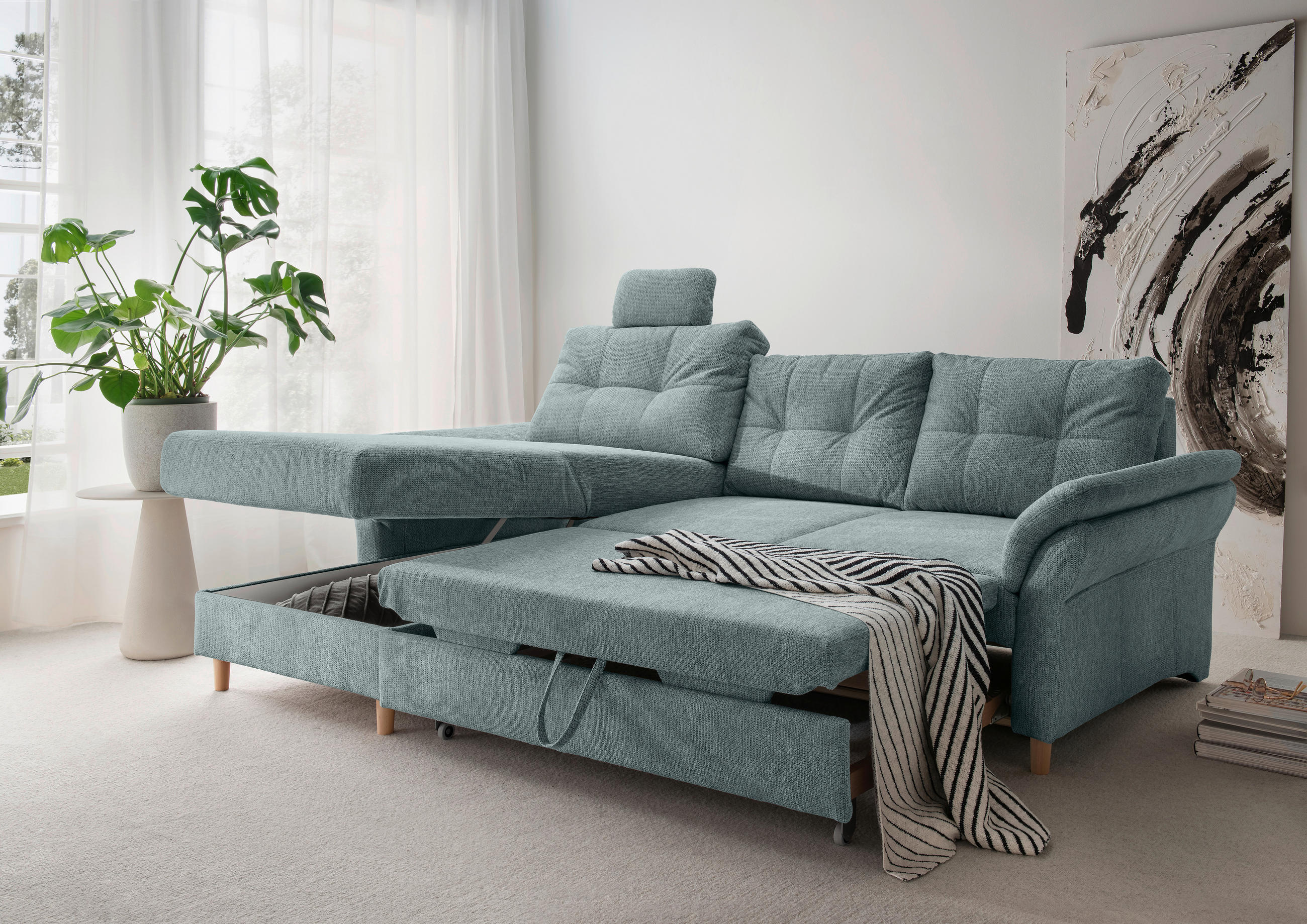 ECKSOFA in Chenille Blau  - Blau/Naturfarben, Modern, Holz/Textil (176/250cm) - Livetastic