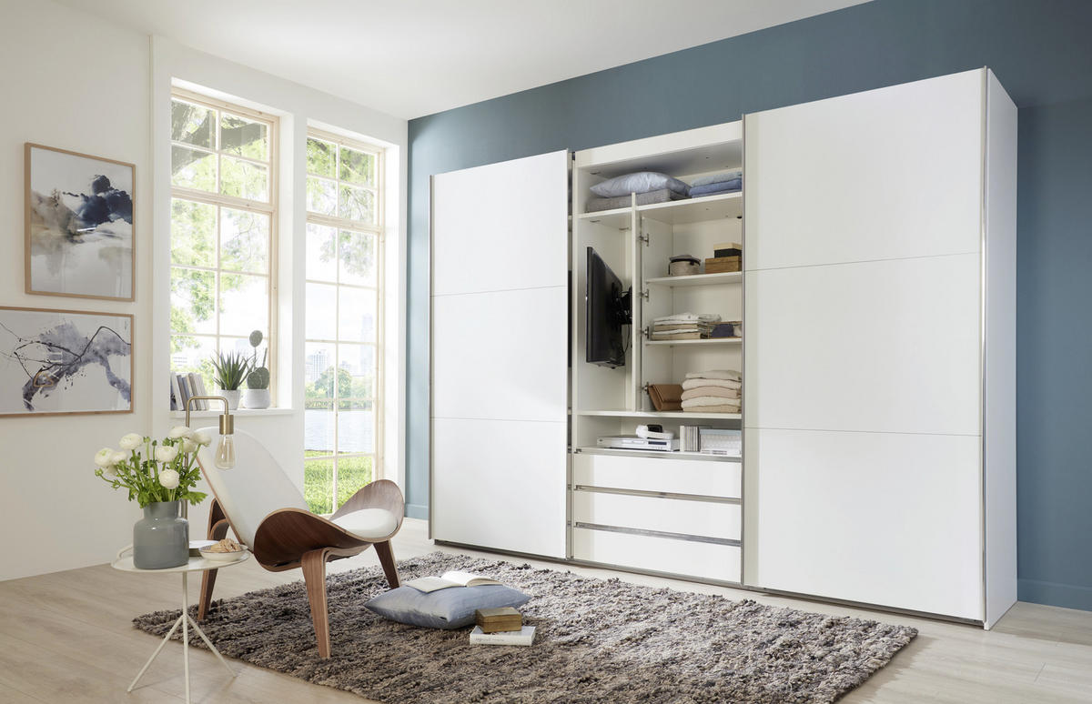 SCHWEBETÜRENSCHRANK 300/216/65 cm 2-türig Weiß  - Edelstahlfarben/Weiß, MODERN, Holzwerkstoff/Metall (300/216/65cm) - MID.YOU