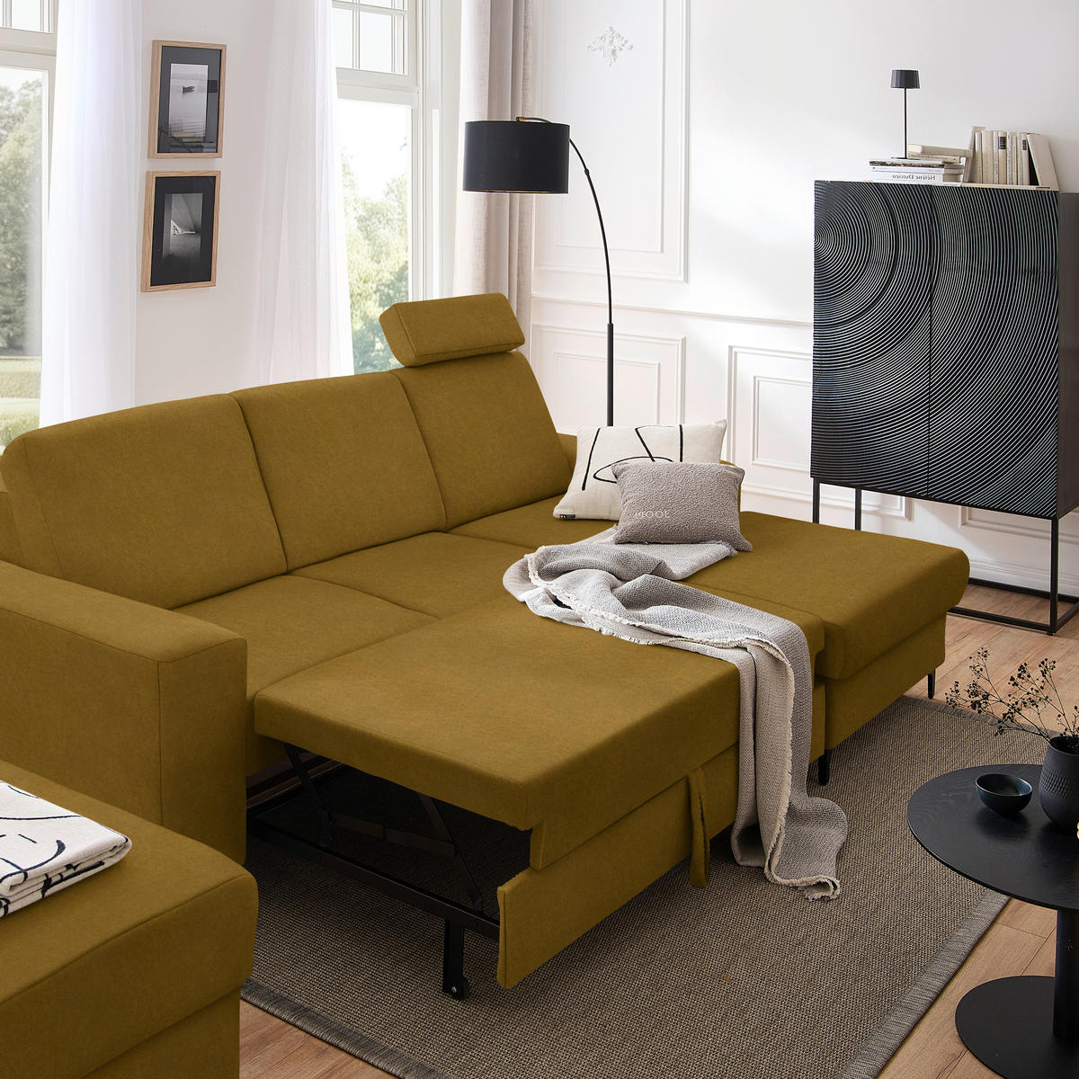 ECKSOFA in Velours Gelb  - Gelb/Schwarz, Konventionell, Textil/Metall (247/167cm) - Stylife